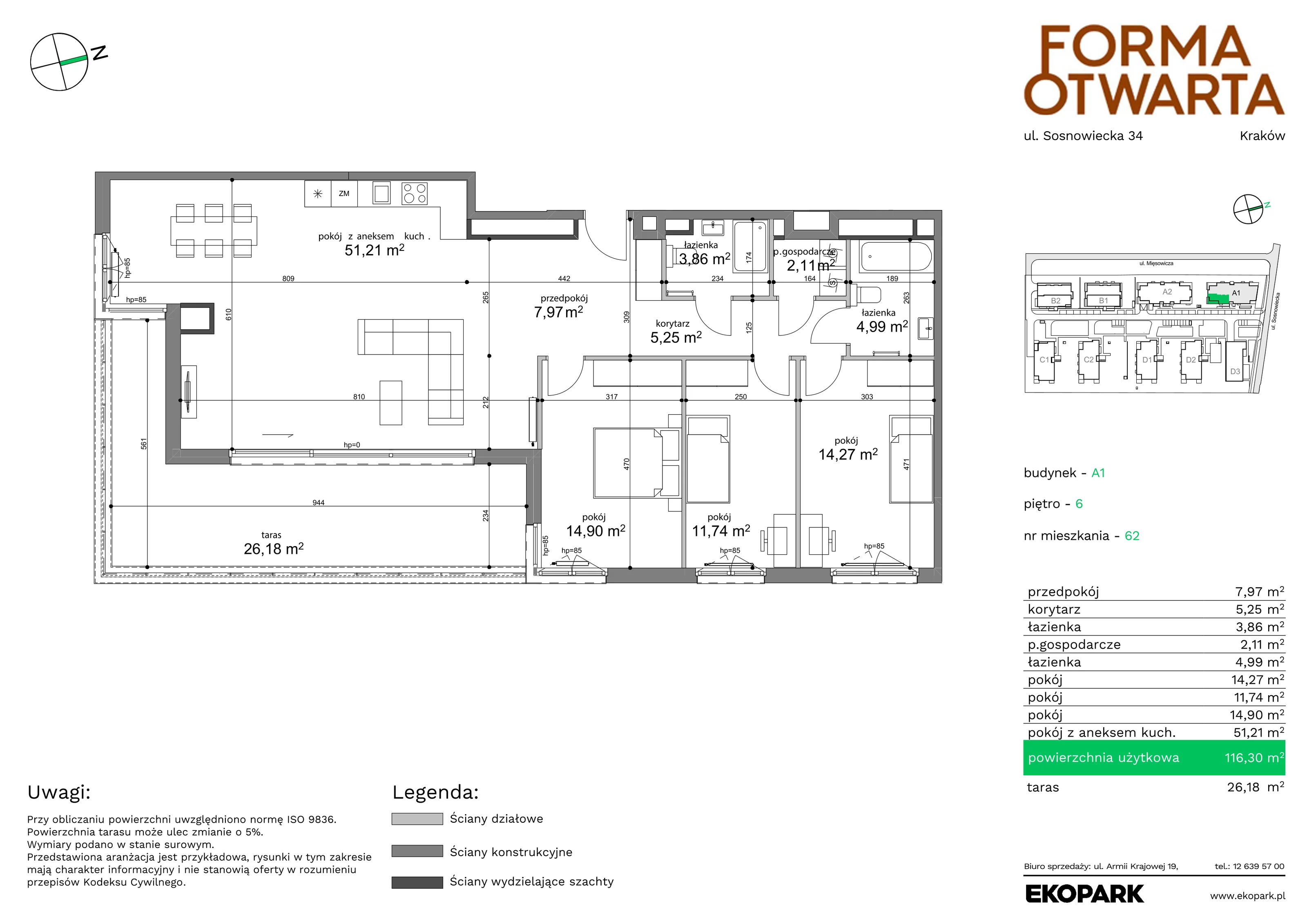 Mieszkanie 116,30 m², piętro 6, oferta nr A1-62, Forma Otwarta, Kraków, Bronowice, Bronowice Wielkie, ul. Sosnowiecka