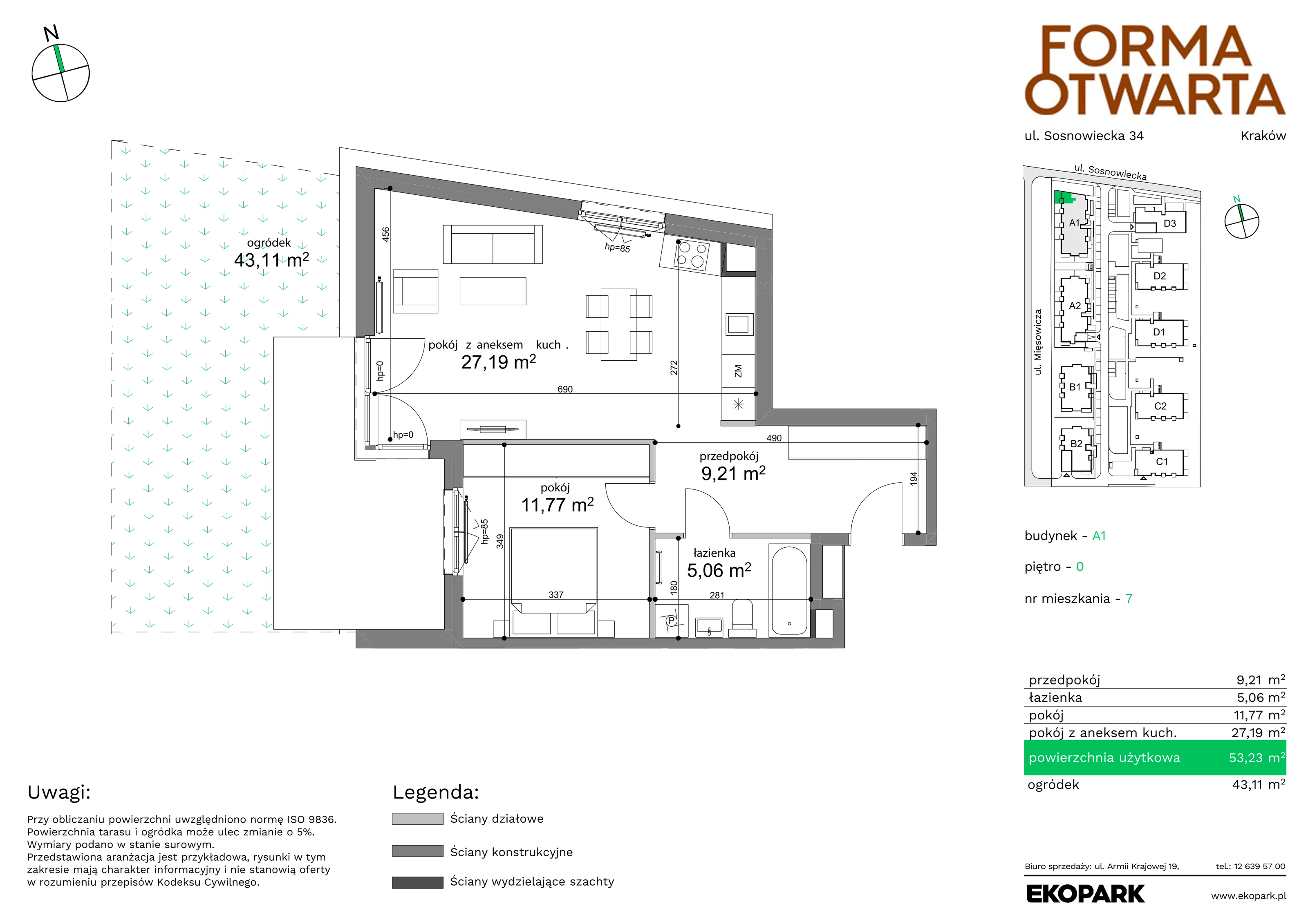 Mieszkanie 53,23 m², parter, oferta nr A1-7, Forma Otwarta, Kraków, Bronowice, Bronowice Wielkie, ul. Sosnowiecka