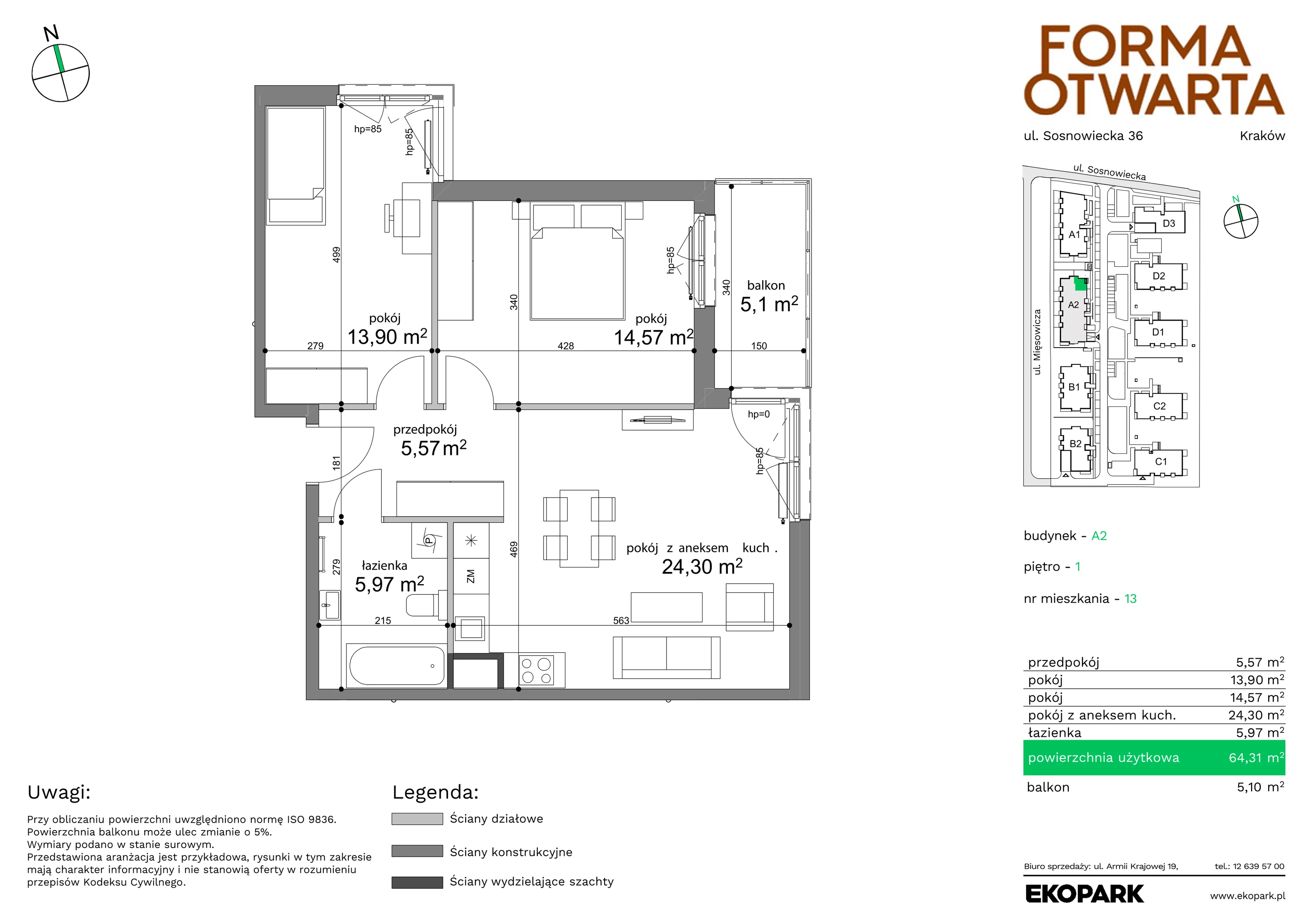 Mieszkanie 64,31 m², piętro 1, oferta nr A2-13, Forma Otwarta, Kraków, Bronowice, Bronowice Wielkie, ul. Sosnowiecka