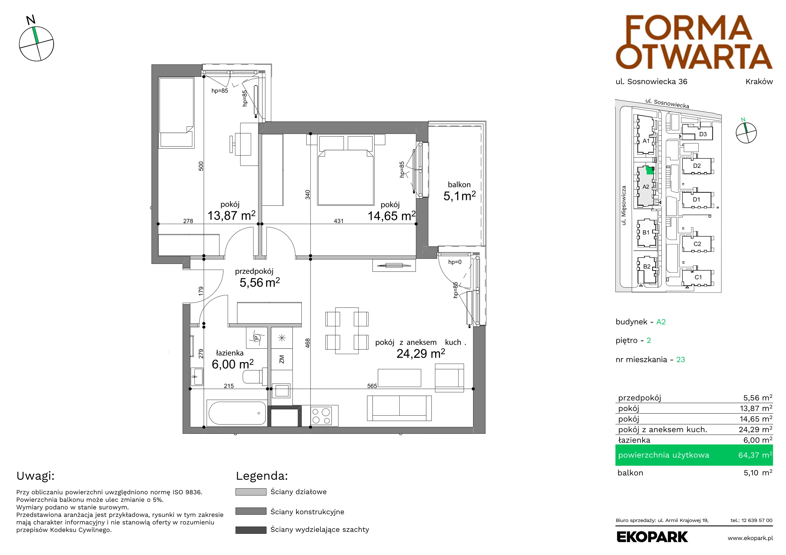 Mieszkanie 64,37 m², piętro 2, oferta nr A2-23, Forma Otwarta, Kraków, Bronowice, Bronowice Wielkie, ul. Sosnowiecka