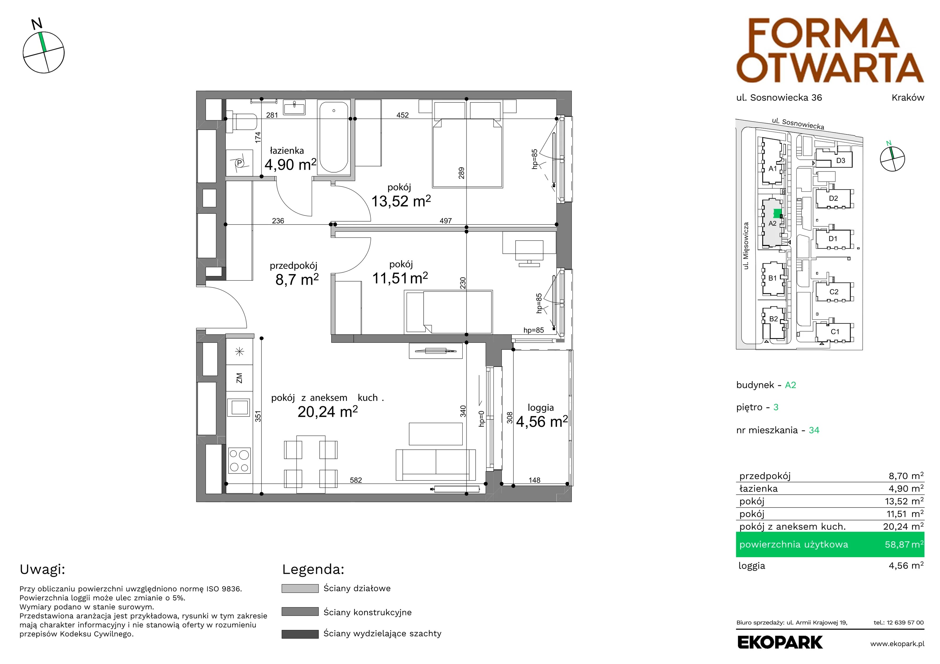 Mieszkanie 58,87 m², piętro 3, oferta nr A2-34, Forma Otwarta, Kraków, Bronowice, Bronowice Wielkie, ul. Sosnowiecka