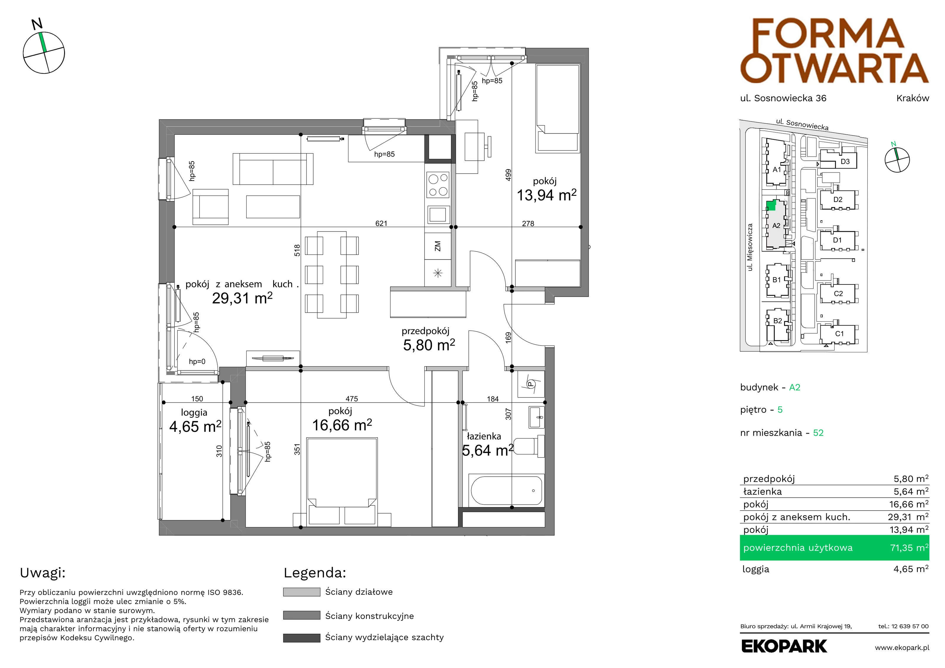 Mieszkanie 71,35 m², piętro 5, oferta nr A2-52, Forma Otwarta, Kraków, Bronowice, Bronowice Wielkie, ul. Sosnowiecka