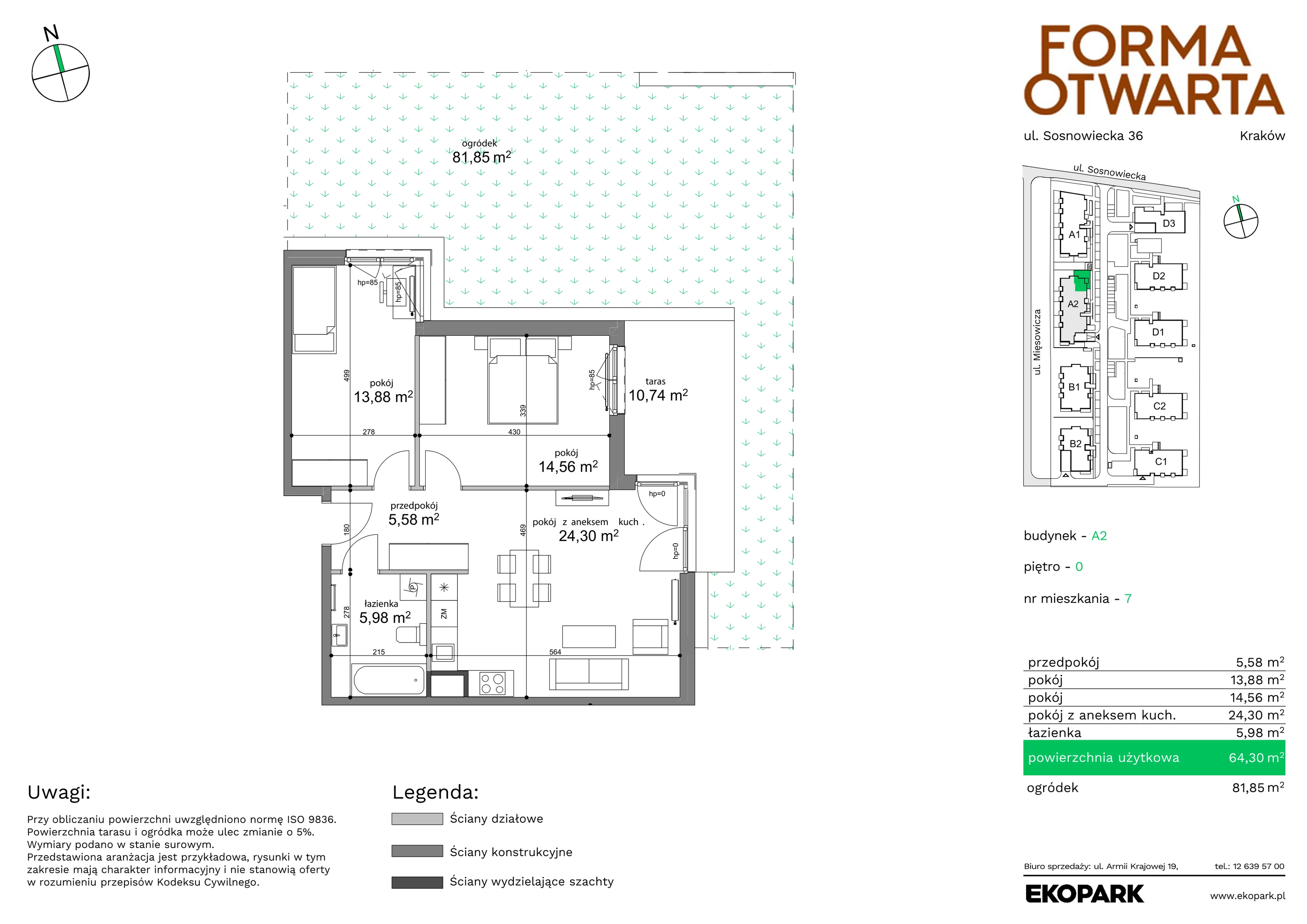 Mieszkanie 64,30 m², parter, oferta nr A2-7, Forma Otwarta, Kraków, Bronowice, Bronowice Wielkie, ul. Sosnowiecka