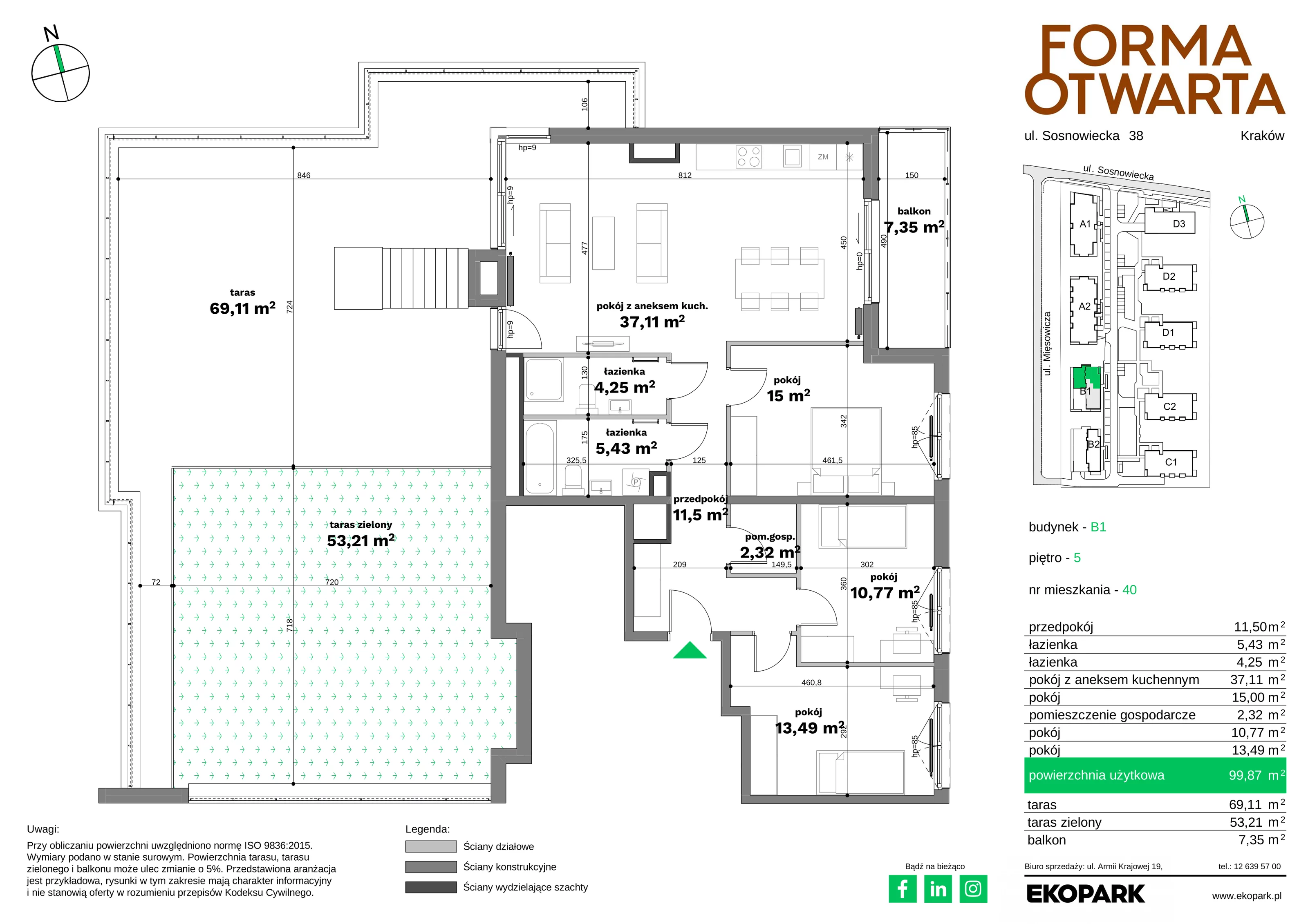 Mieszkanie 99,87 m², piętro 5, oferta nr B1-40, Forma Otwarta - Etap B, Kraków, Bronowice, Bronowice Wielkie, ul. Sosnowiecka