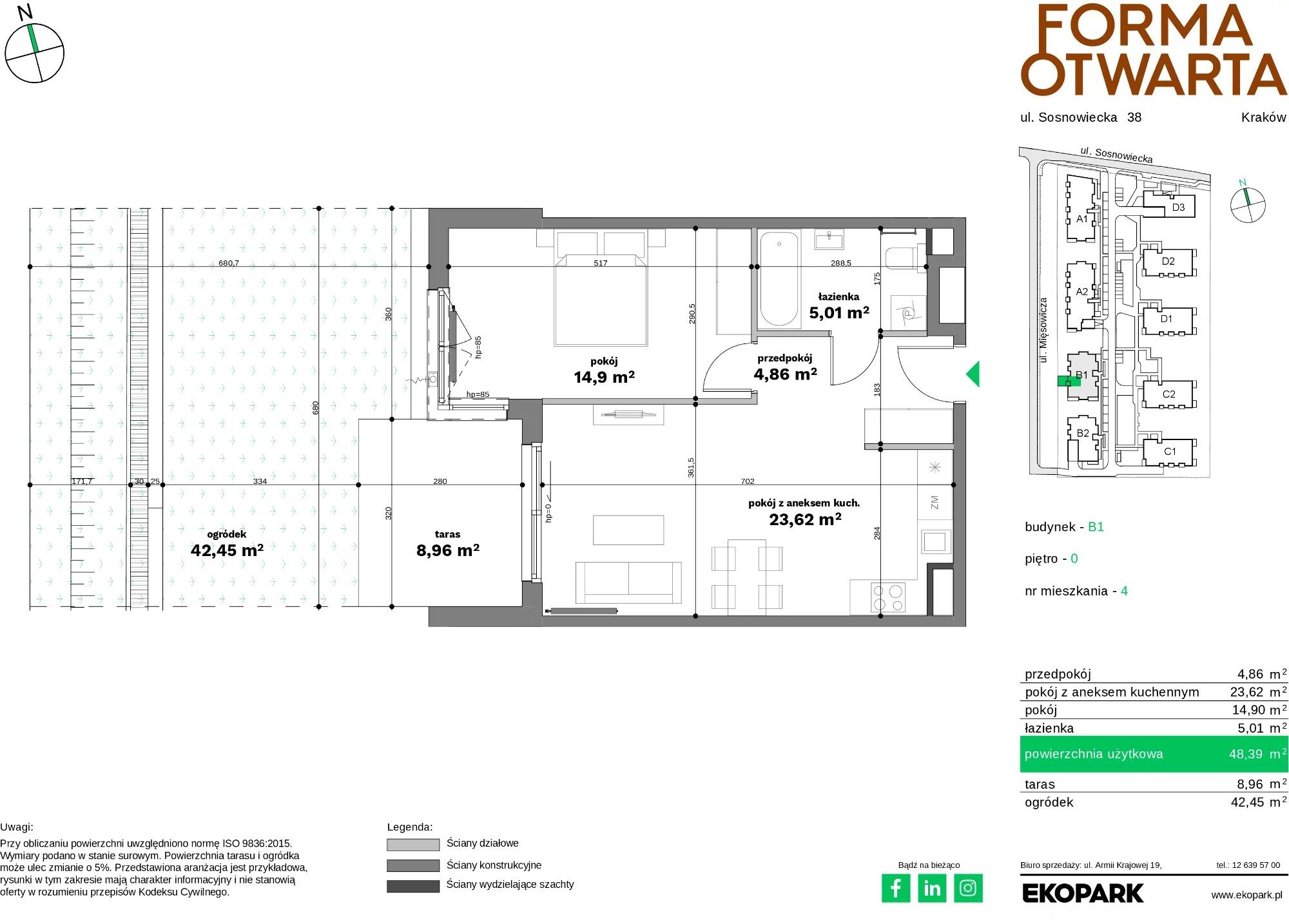 Mieszkanie 48,39 m², parter, oferta nr B1-4, Forma Otwarta - Etap B, Kraków, Bronowice, Bronowice Wielkie, ul. Sosnowiecka