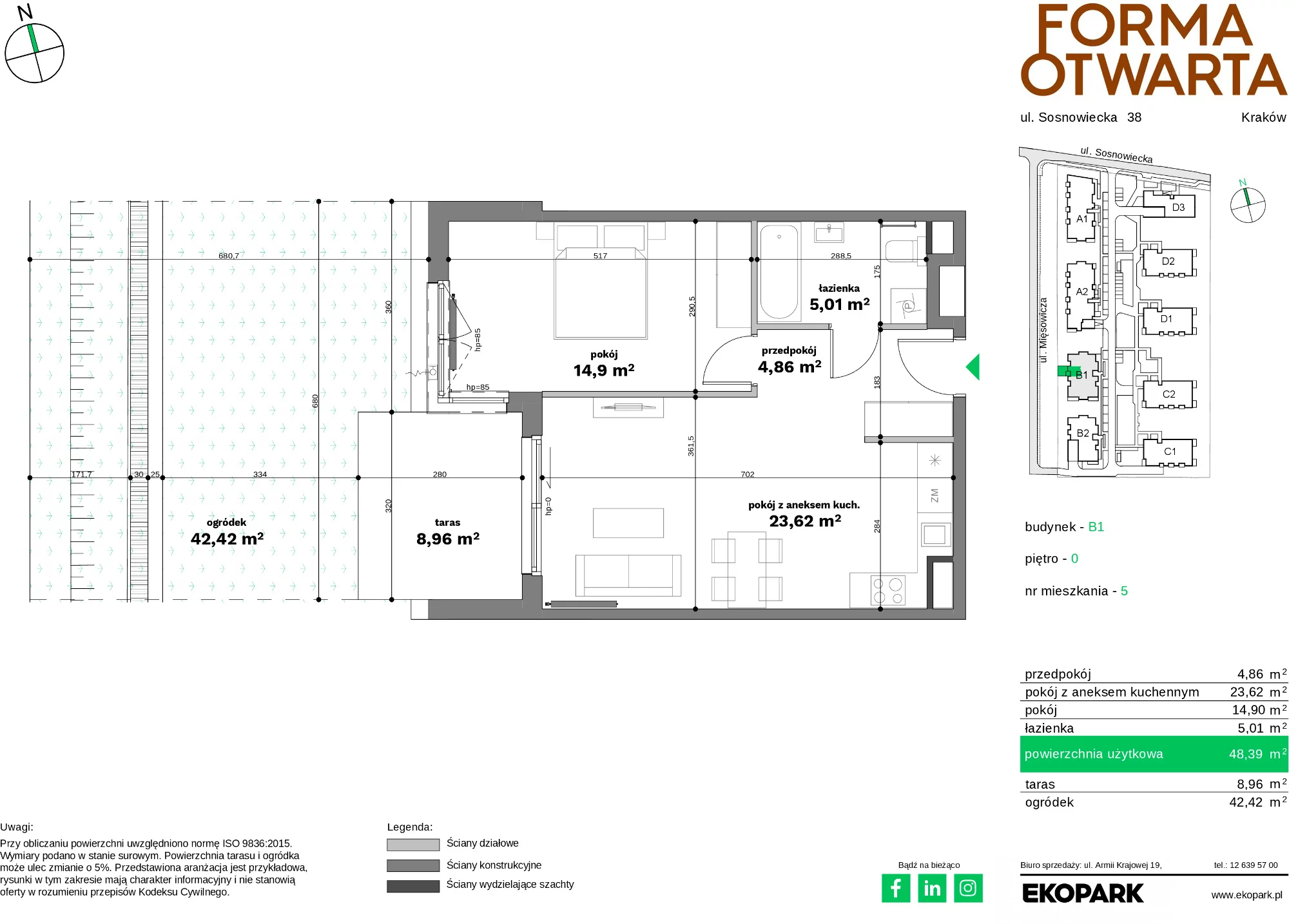 Mieszkanie 48,39 m², parter, oferta nr B1-5, Forma Otwarta - Etap B, Kraków, Bronowice, Bronowice Wielkie, ul. Sosnowiecka