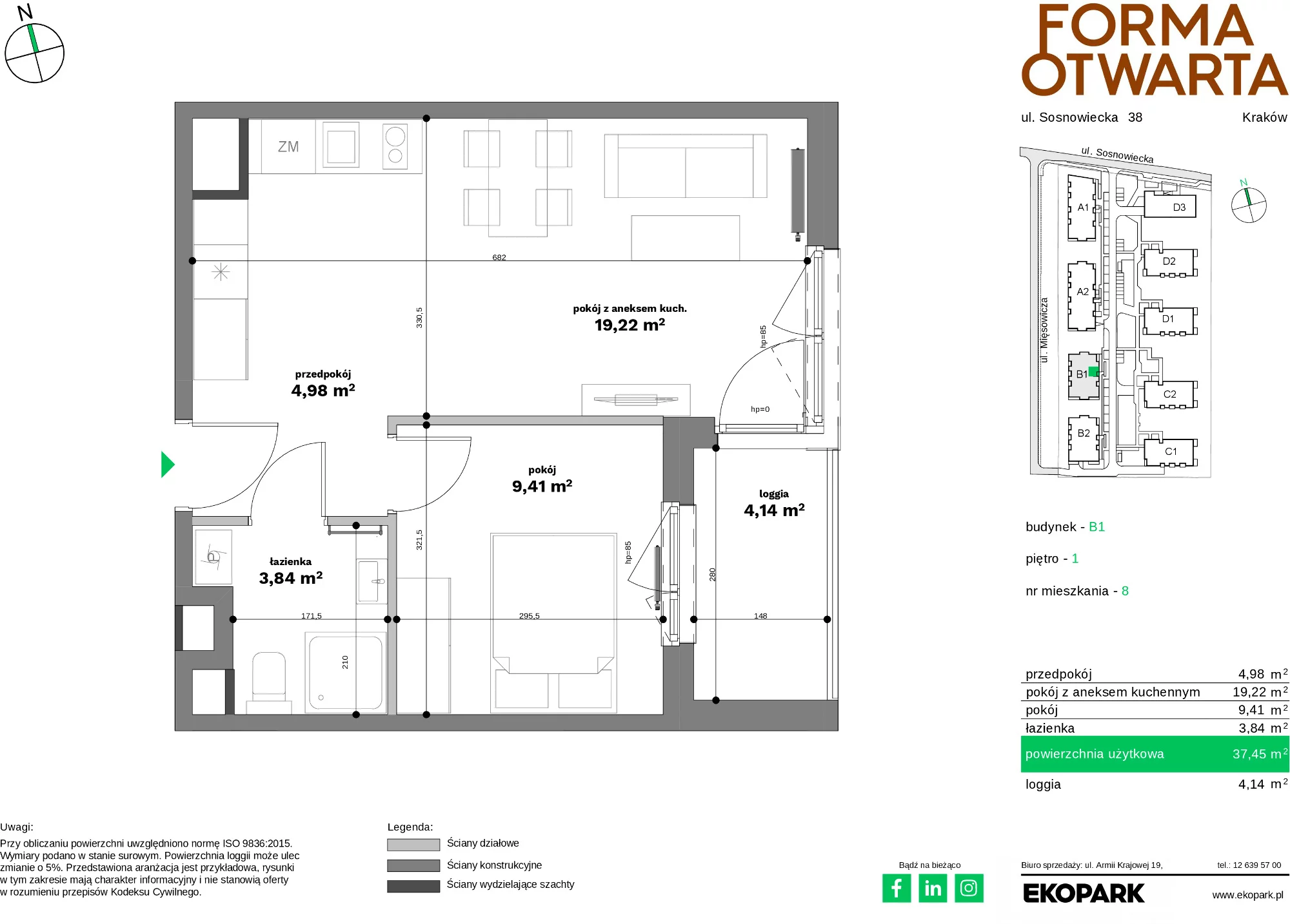 Mieszkanie 37,45 m², piętro 1, oferta nr B1-8, Forma Otwarta - Etap B, Kraków, Bronowice, Bronowice Wielkie, ul. Sosnowiecka