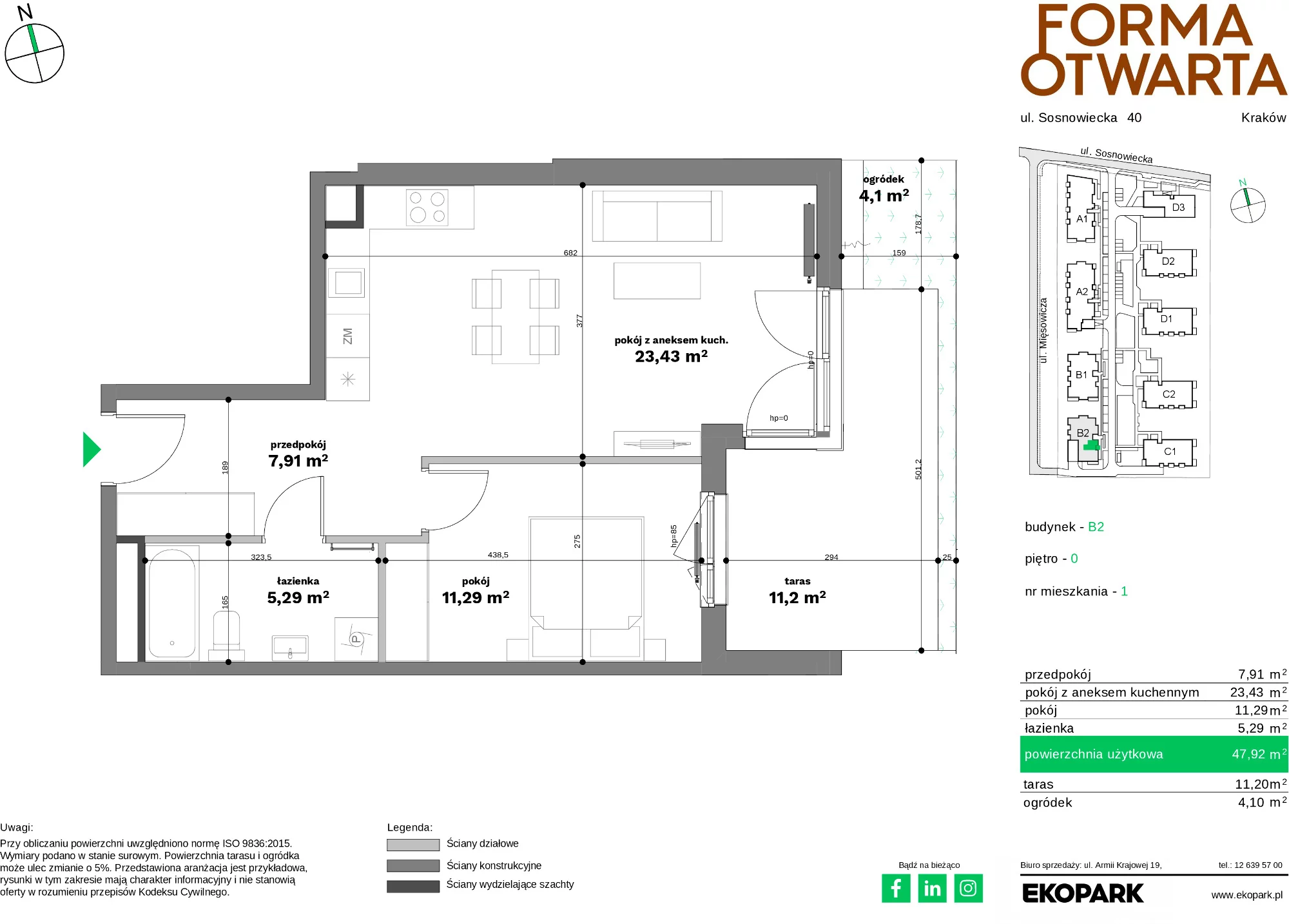 Mieszkanie 47,92 m², parter, oferta nr B2-1, Forma Otwarta - Etap B, Kraków, Bronowice, Bronowice Wielkie, ul. Sosnowiecka