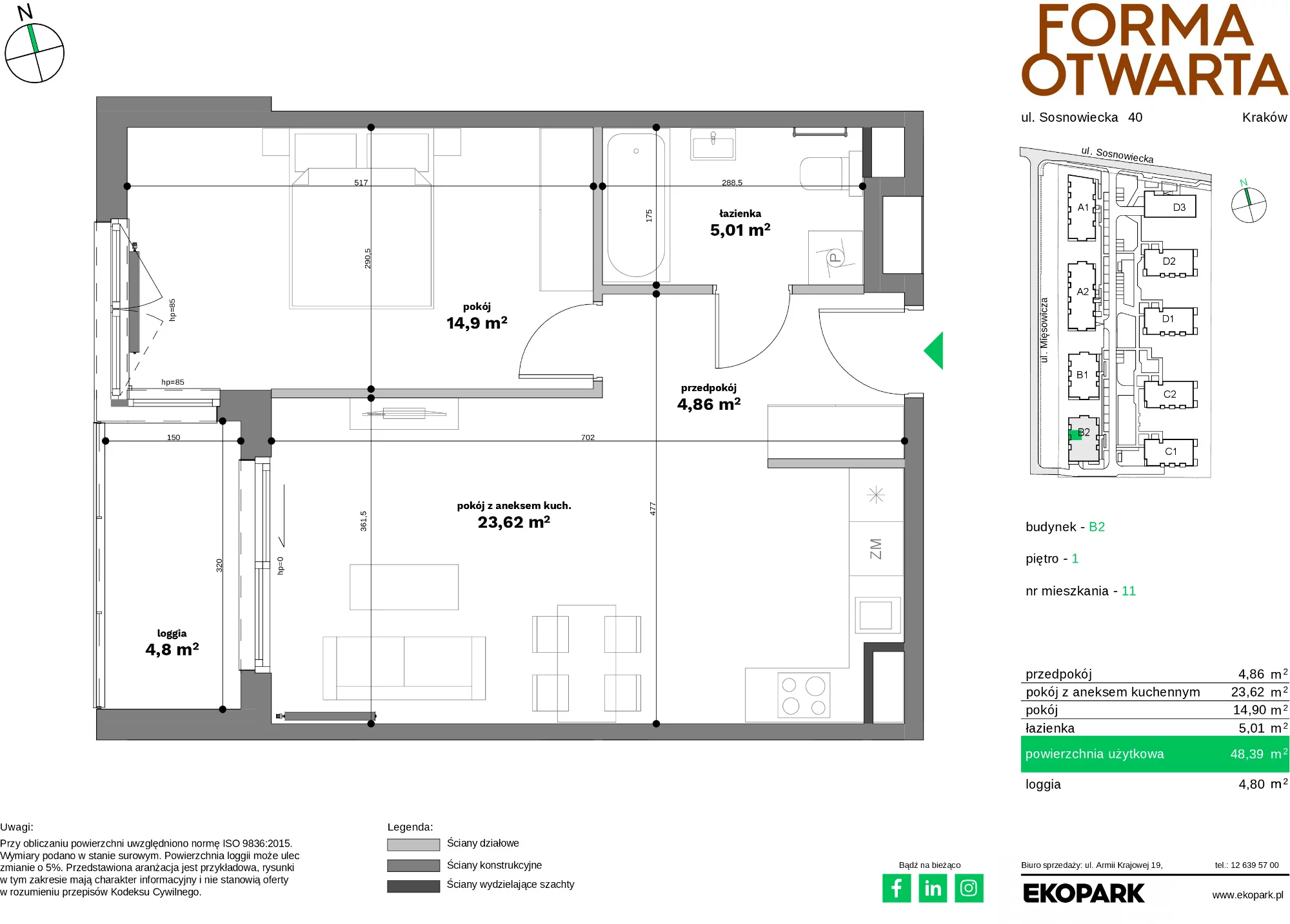 Mieszkanie 48,39 m², piętro 1, oferta nr B2-11, Forma Otwarta - Etap B, Kraków, Bronowice, Bronowice Wielkie, ul. Sosnowiecka