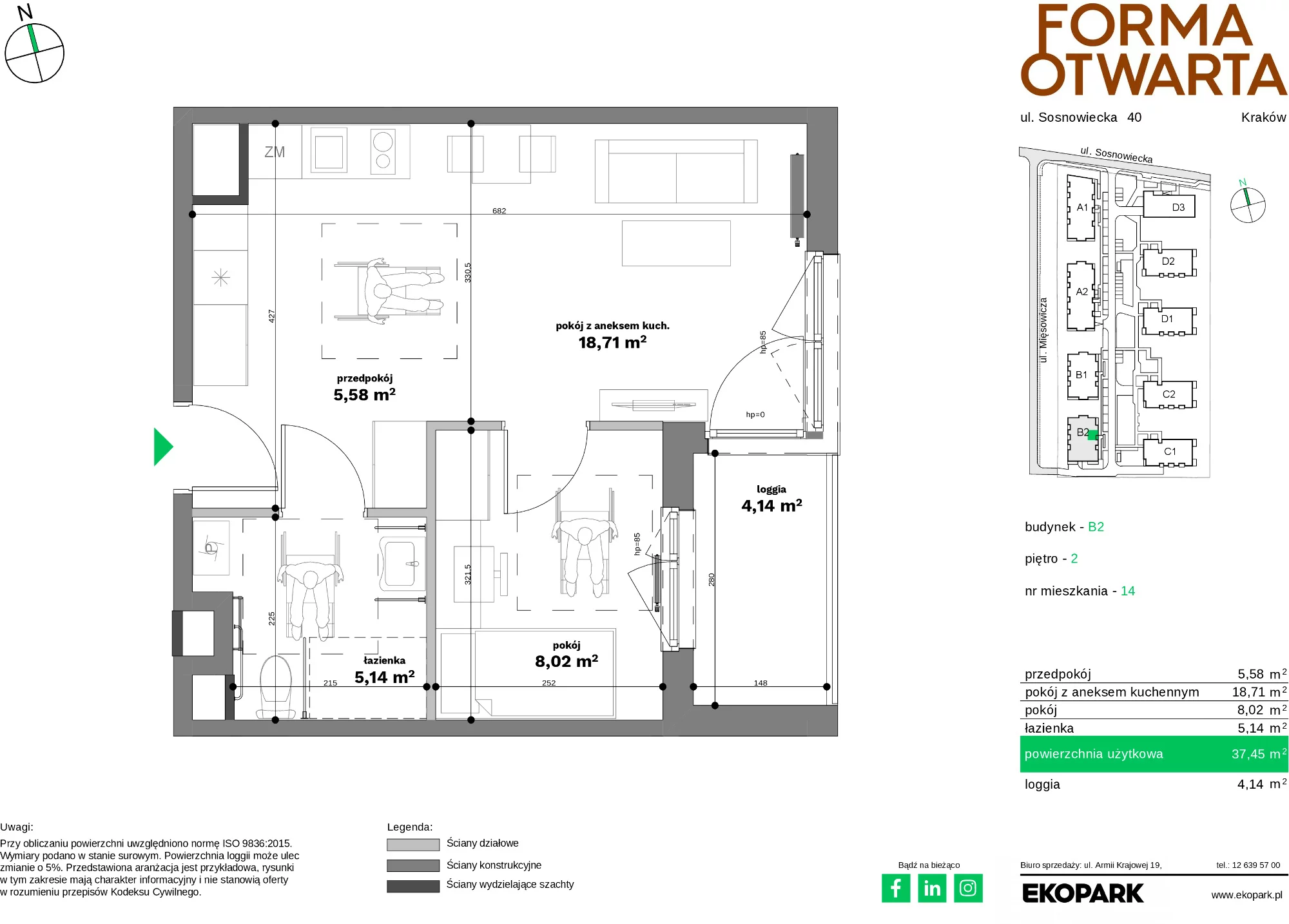 Mieszkanie 37,45 m², piętro 2, oferta nr B2-14, Forma Otwarta - Etap B, Kraków, Bronowice, Bronowice Wielkie, ul. Sosnowiecka