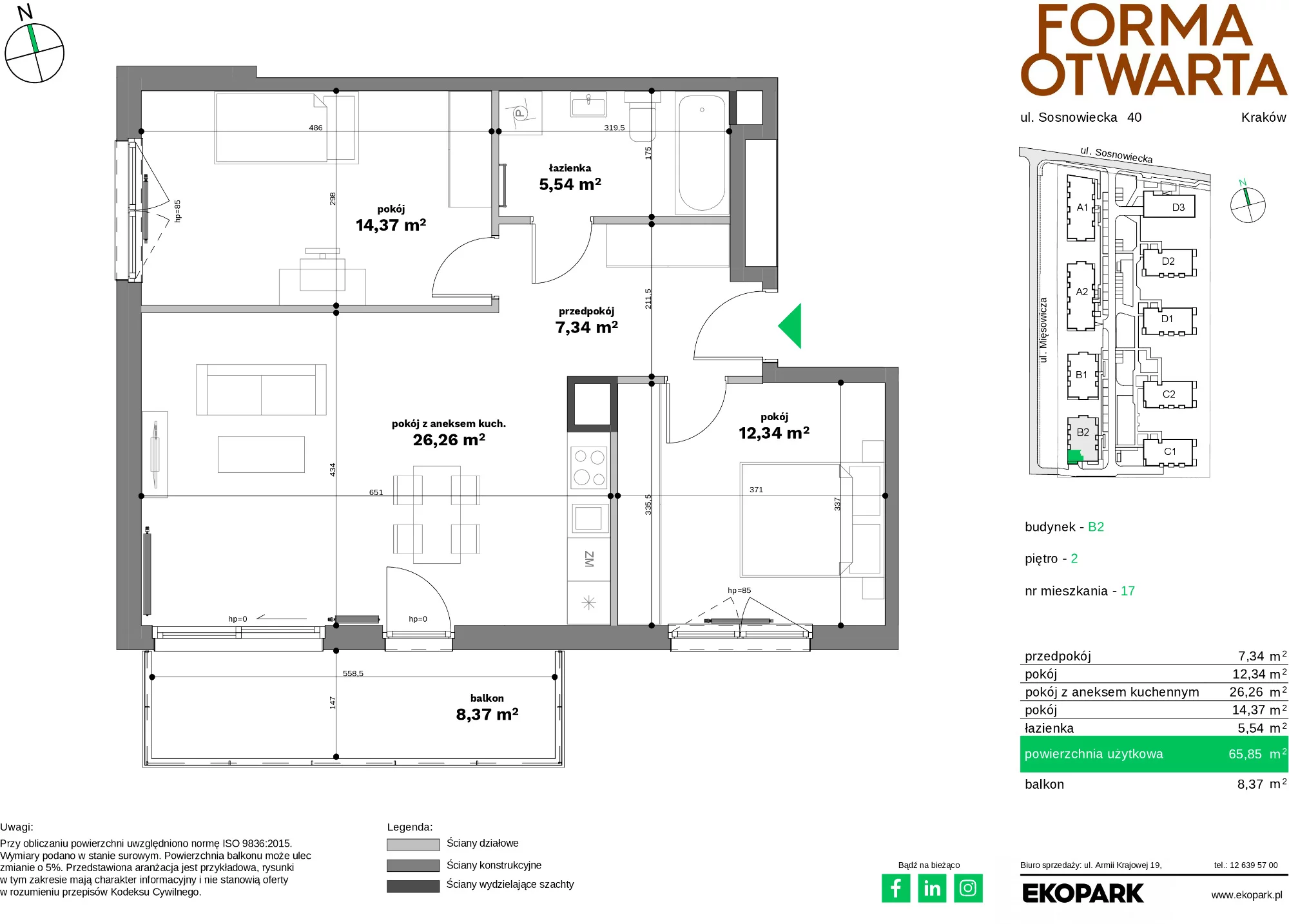 Mieszkanie 65,85 m², piętro 2, oferta nr B2-17, Forma Otwarta - Etap B, Kraków, Bronowice, Bronowice Wielkie, ul. Sosnowiecka