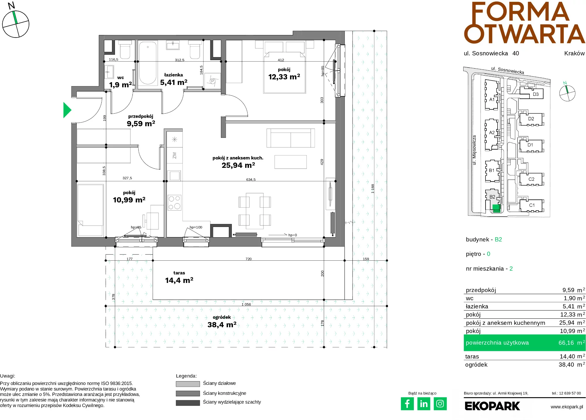 Mieszkanie 66,16 m², parter, oferta nr B2-2, Forma Otwarta - Etap B, Kraków, Bronowice, Bronowice Wielkie, ul. Sosnowiecka