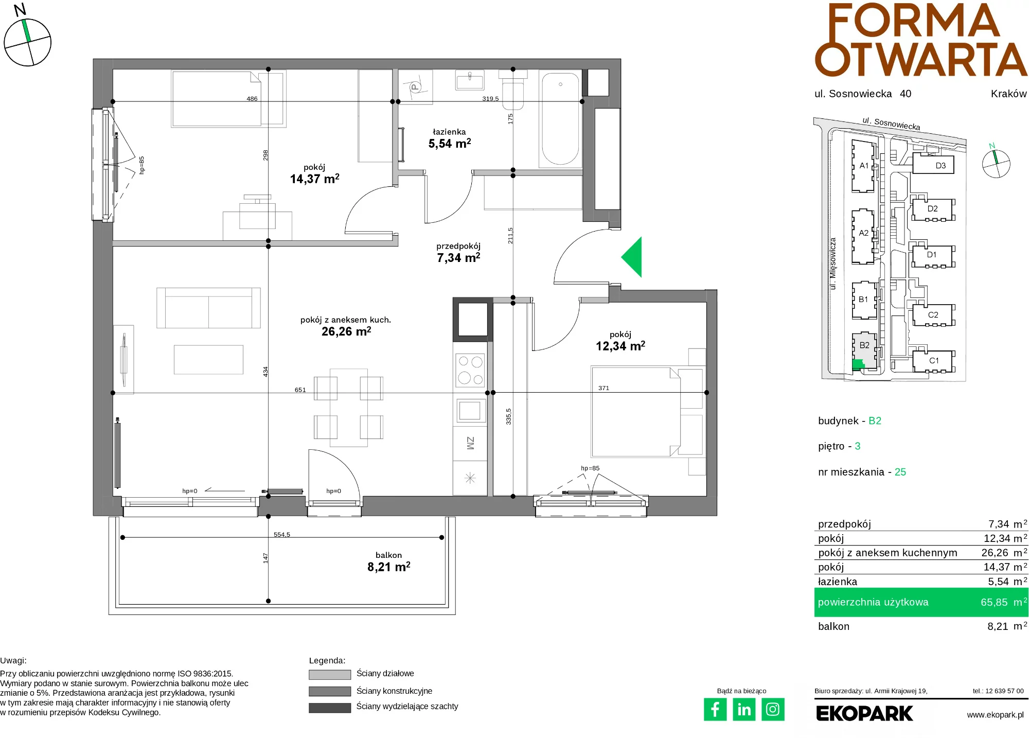 Mieszkanie 65,85 m², piętro 3, oferta nr B2-25, Forma Otwarta - Etap B, Kraków, Bronowice, Bronowice Wielkie, ul. Sosnowiecka