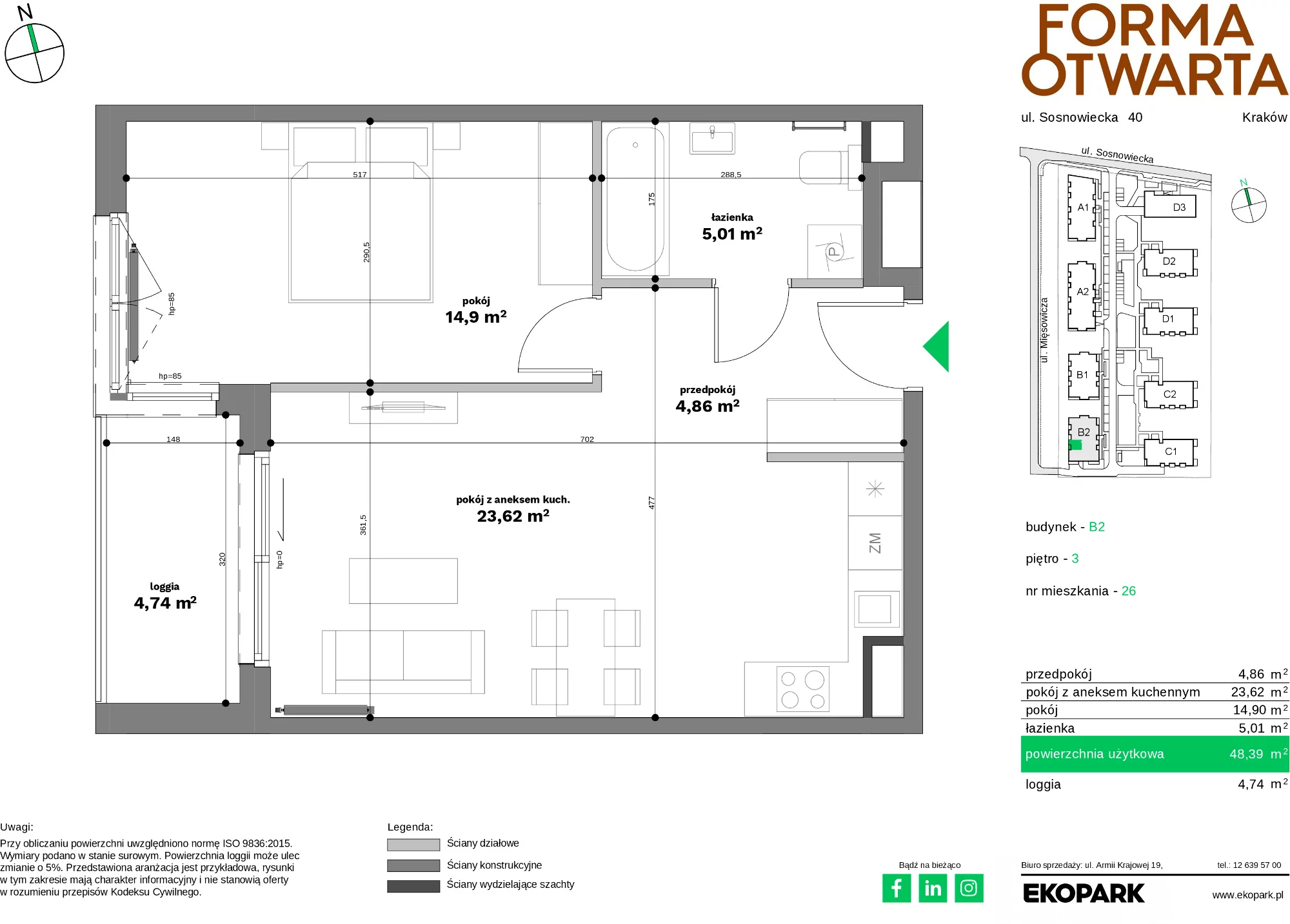 Mieszkanie 48,39 m², piętro 3, oferta nr B2-26, Forma Otwarta - Etap B, Kraków, Bronowice, Bronowice Wielkie, ul. Sosnowiecka