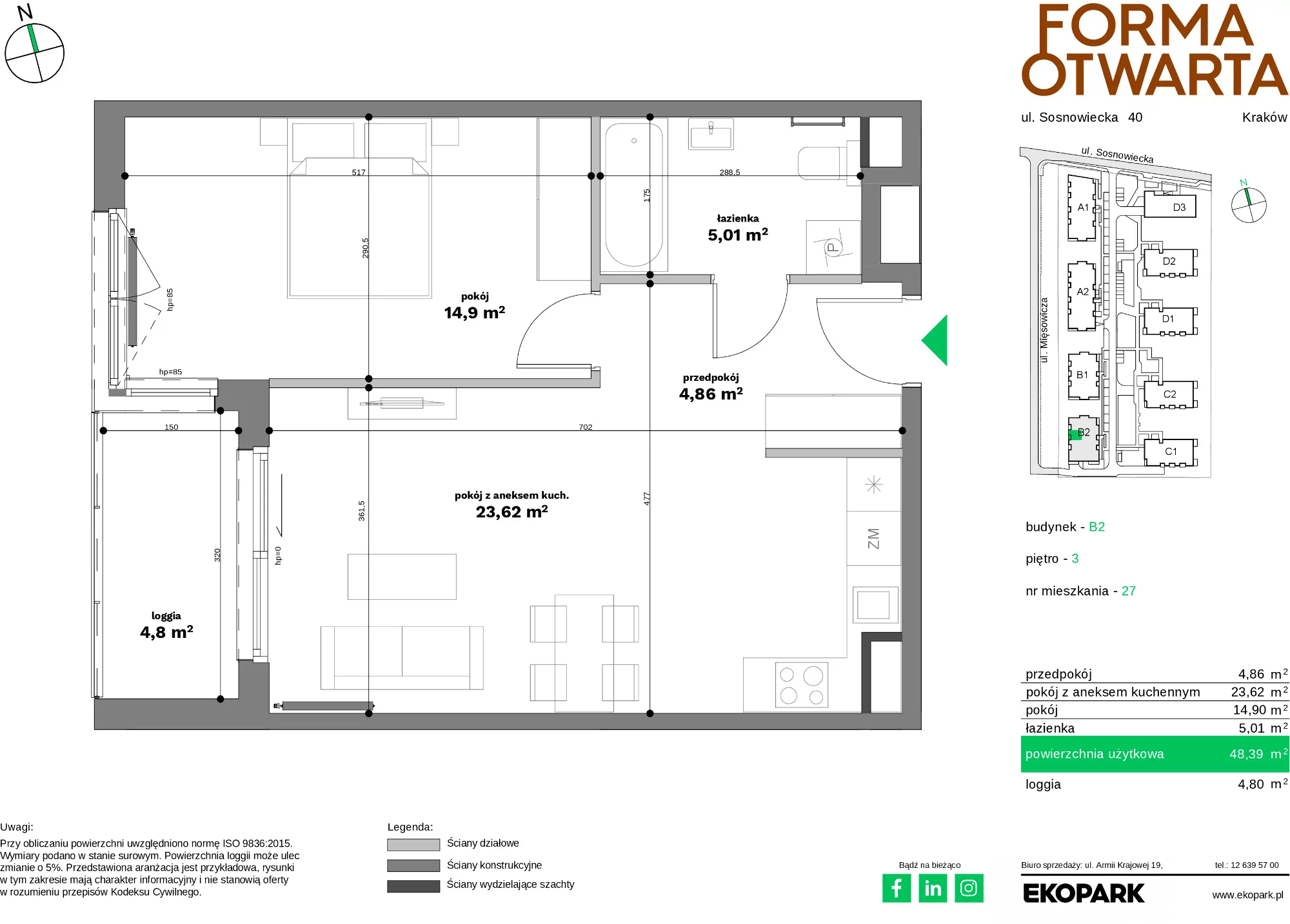 Mieszkanie 48,39 m², piętro 3, oferta nr B2-27, Forma Otwarta - Etap B, Kraków, Bronowice, Bronowice Wielkie, ul. Sosnowiecka