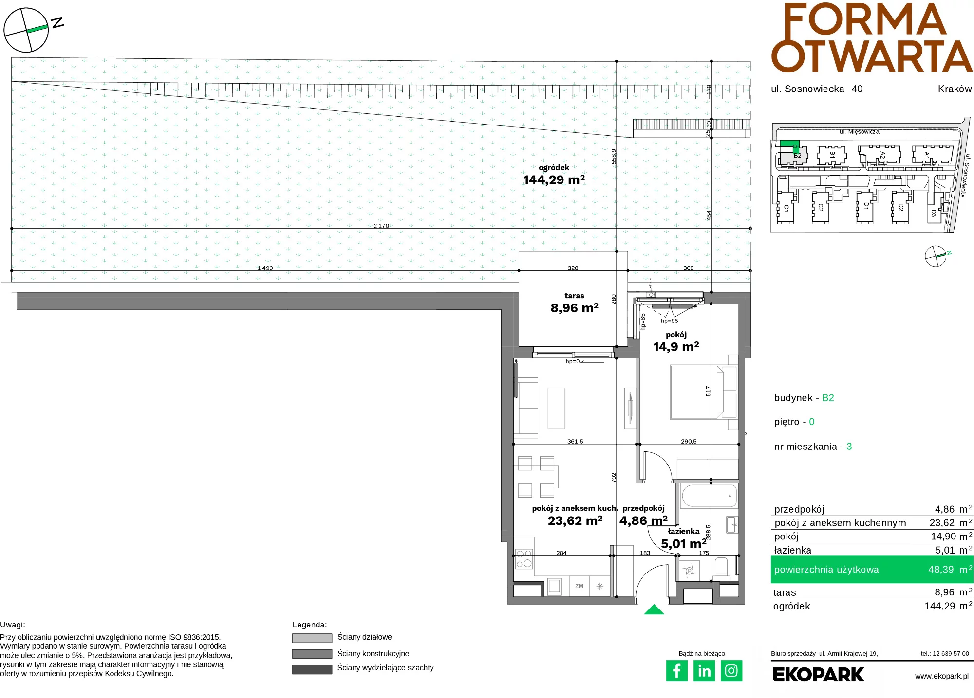 2 pokoje, mieszkanie 48,39 m², parter, oferta nr B2-3, Forma Otwarta - Etap B, Kraków, Bronowice, Bronowice Wielkie, ul. Sosnowiecka