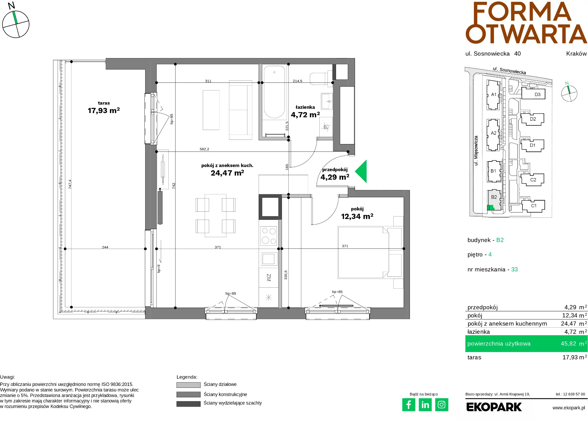 Mieszkanie 45,82 m², piętro 4, oferta nr B2-33, Forma Otwarta - Etap B, Kraków, Bronowice, Bronowice Wielkie, ul. Sosnowiecka