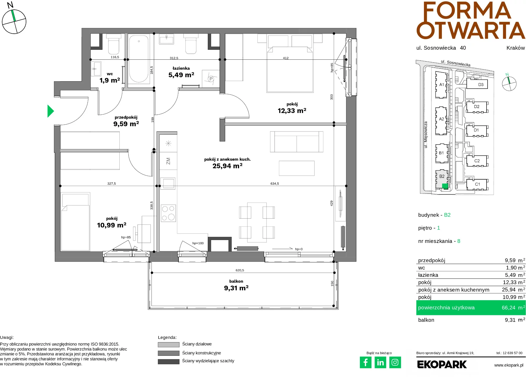 Mieszkanie 66,24 m², piętro 1, oferta nr B2-8, Forma Otwarta - Etap B, Kraków, Bronowice, Bronowice Wielkie, ul. Sosnowiecka-idx