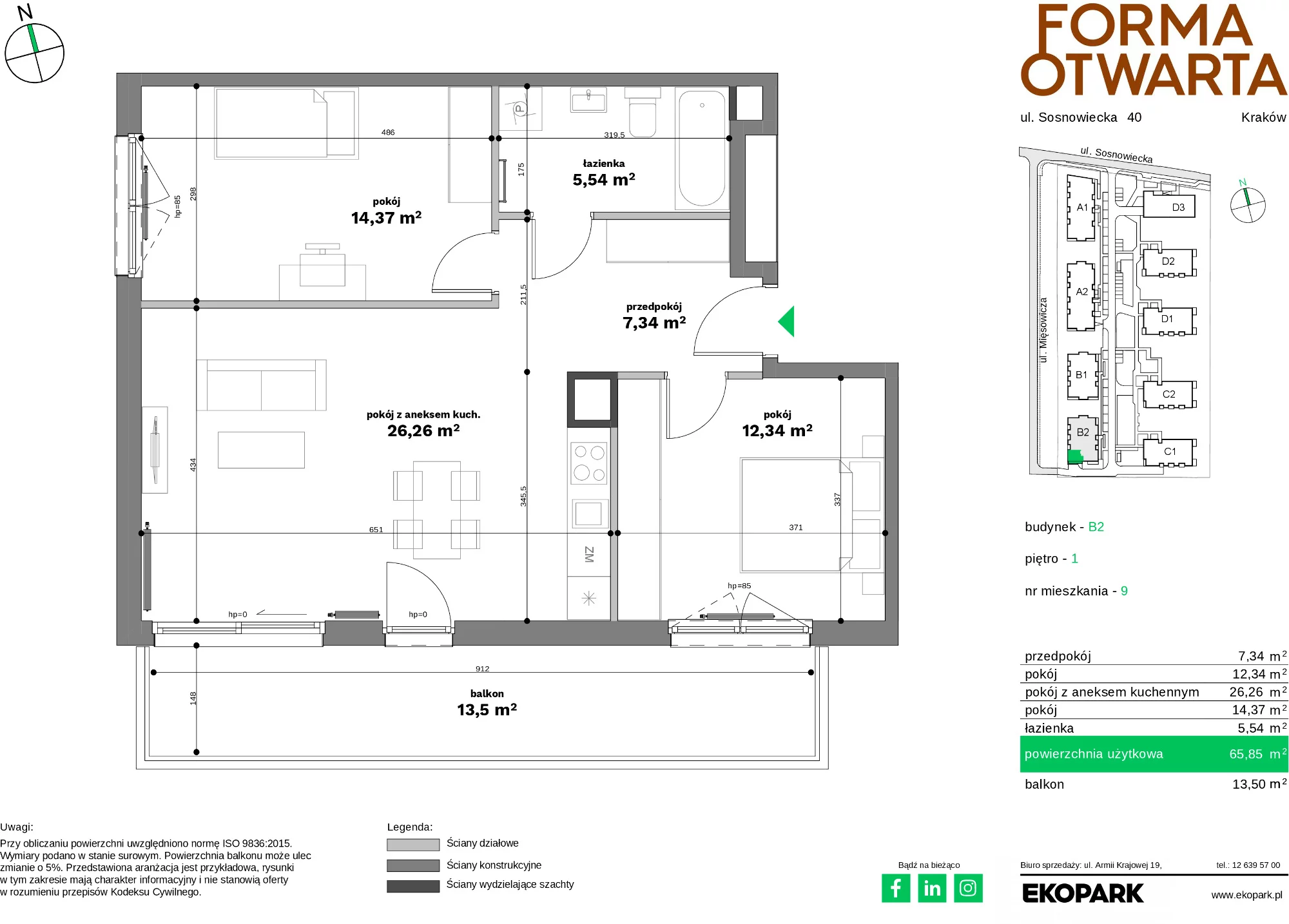 Mieszkanie 65,85 m², piętro 1, oferta nr B2-9, Forma Otwarta - Etap B, Kraków, Bronowice, Bronowice Wielkie, ul. Sosnowiecka