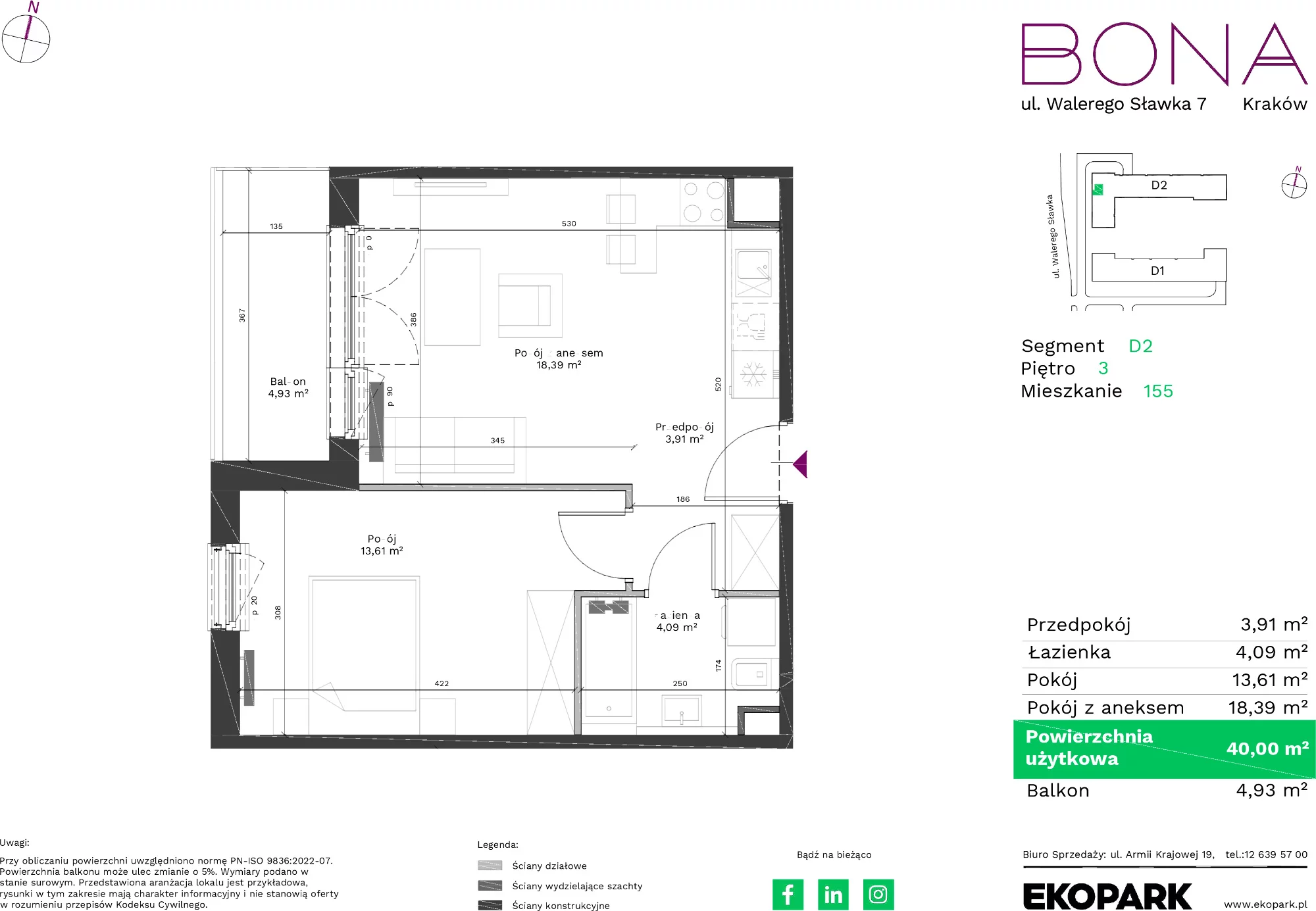 Mieszkanie 40,00 m², piętro 3, oferta nr 155, BONA, Kraków, Podgórze Duchackie, ul. Walerego Sławka 7