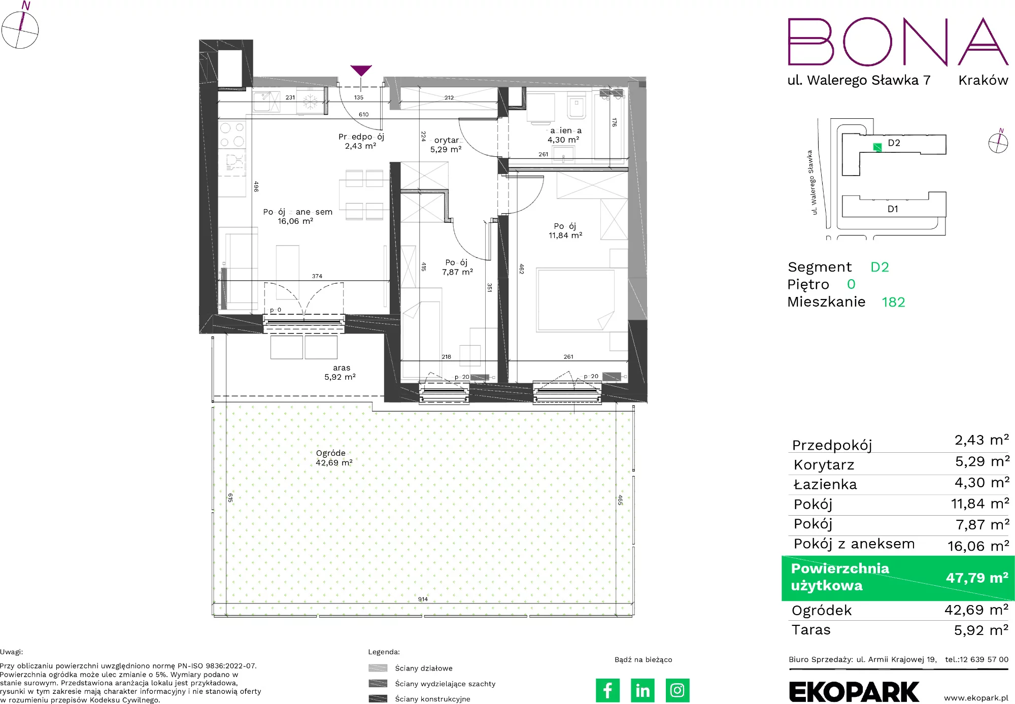 3 pokoje, mieszkanie 47,79 m², parter, oferta nr 182, BONA, Kraków, Podgórze Duchackie, ul. Walerego Sławka 7