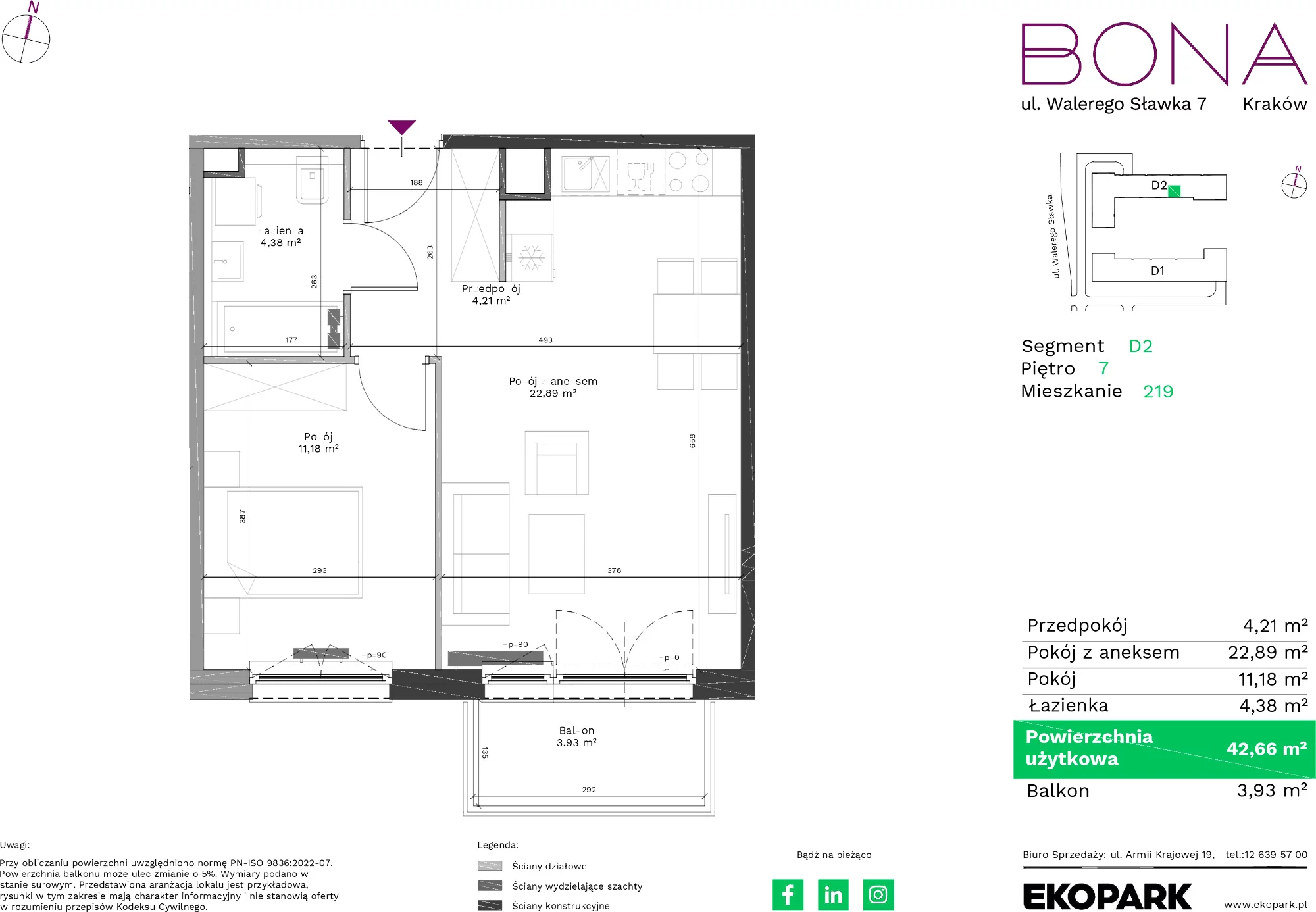 Mieszkanie 42,66 m², piętro 7, oferta nr 219, BONA, Kraków, Podgórze Duchackie, ul. Walerego Sławka 7