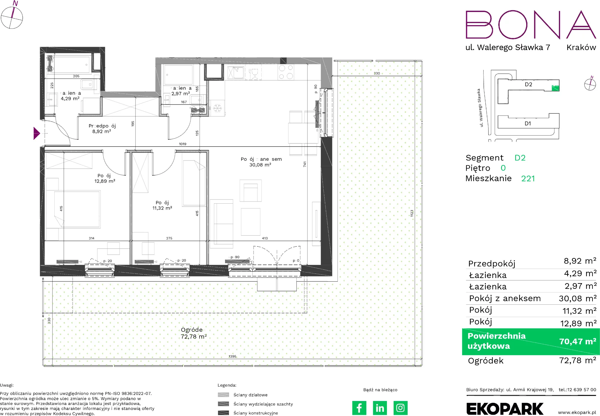 Mieszkanie 70,47 m², parter, oferta nr 221, BONA, Kraków, Podgórze Duchackie, ul. Walerego Sławka 7