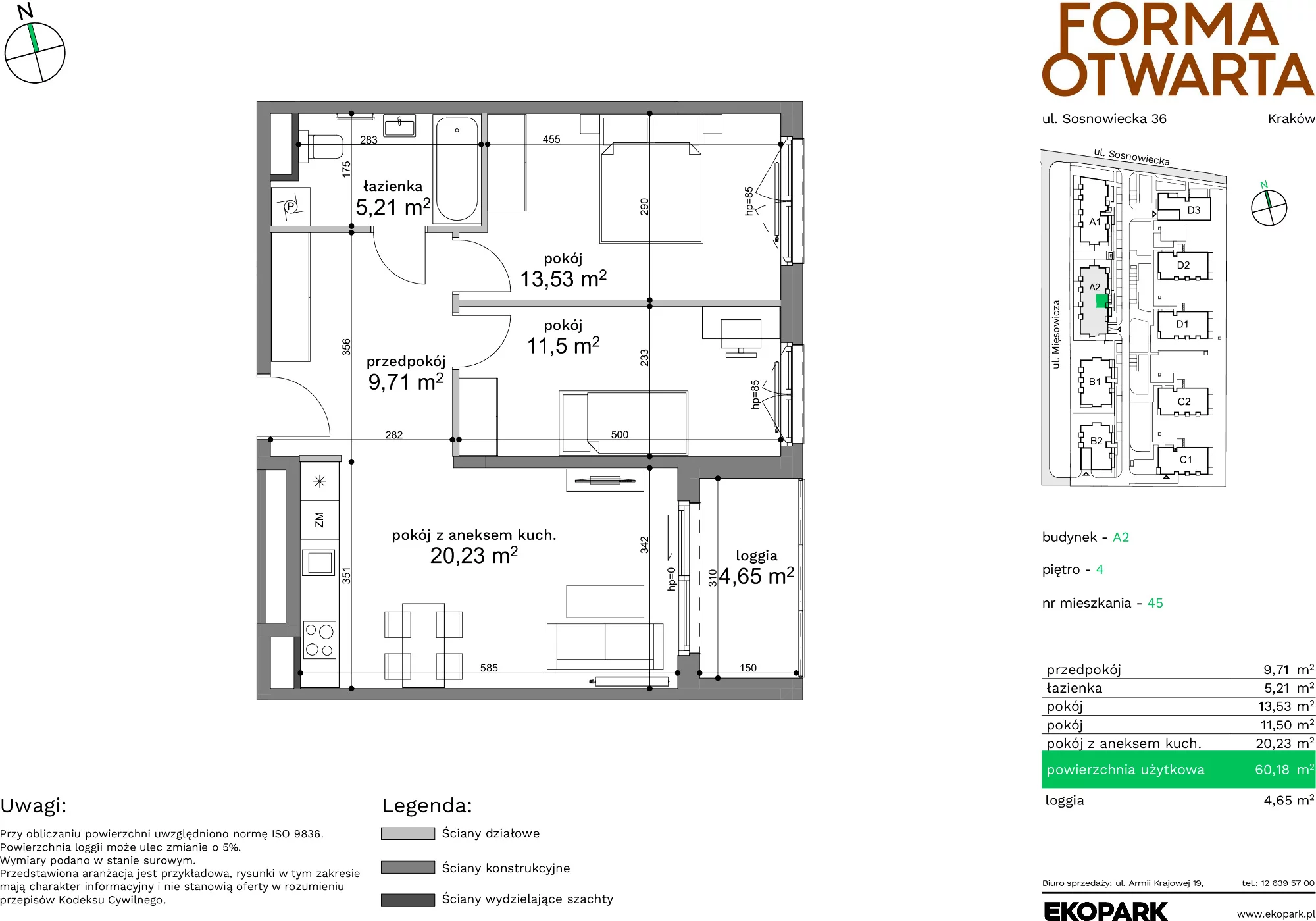 3 pokoje, mieszkanie 60,16 m², piętro 4, oferta nr A2-45, Forma Otwarta, Kraków, Bronowice, Bronowice Wielkie, ul. Sosnowiecka