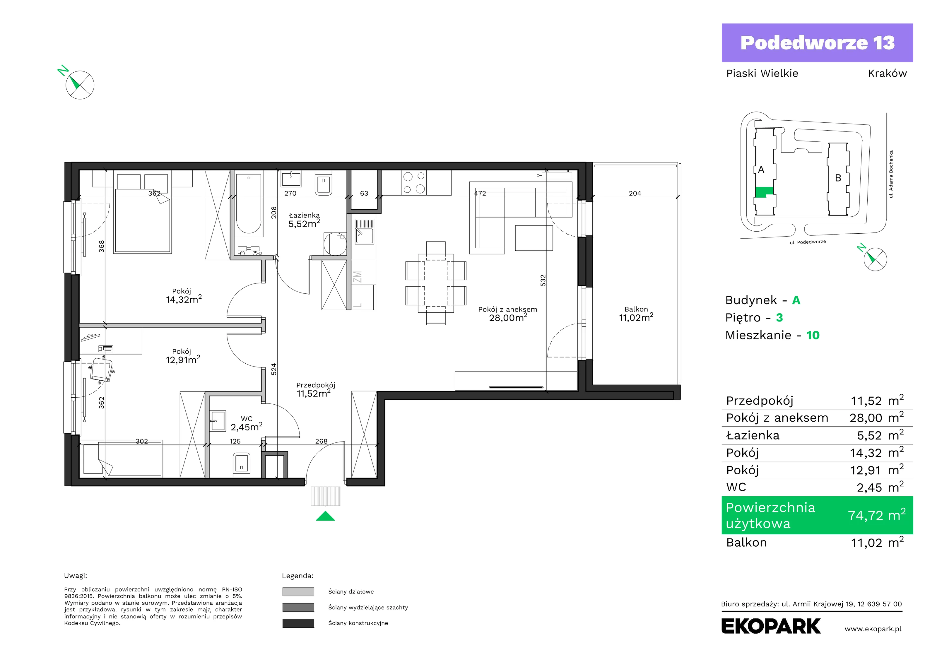 3 pokoje, mieszkanie 74,72 m², piętro 3, oferta nr A10, Podedworze 13, Kraków, Podgórze Duchackie, Piaski Wielkie, ul. Podedworze 13