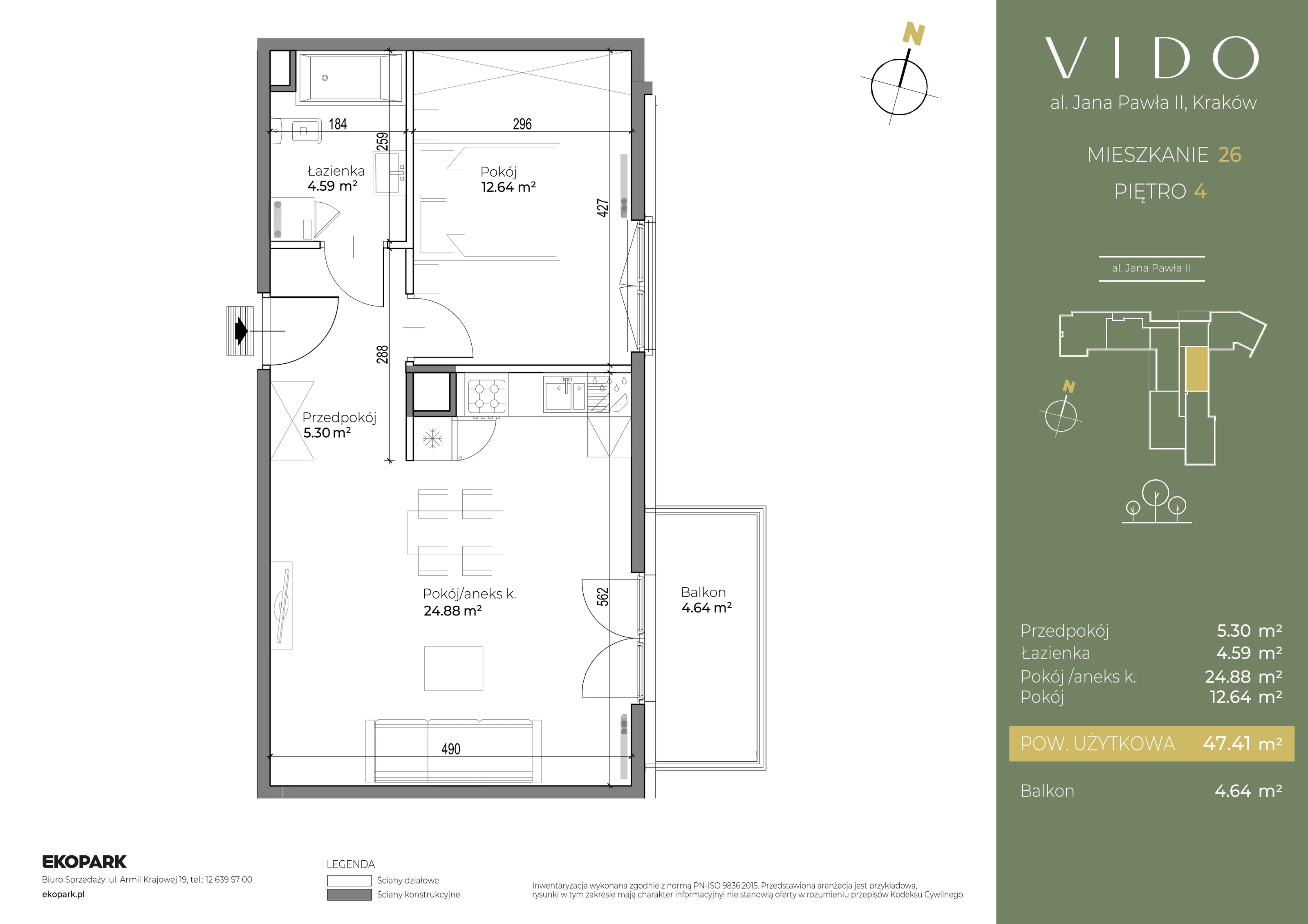 2 pokoje, mieszkanie 47,41 m², piętro 4, oferta nr M26, Vido, Kraków, Prądnik Czerwony, Aleja Jana Pawła II 52