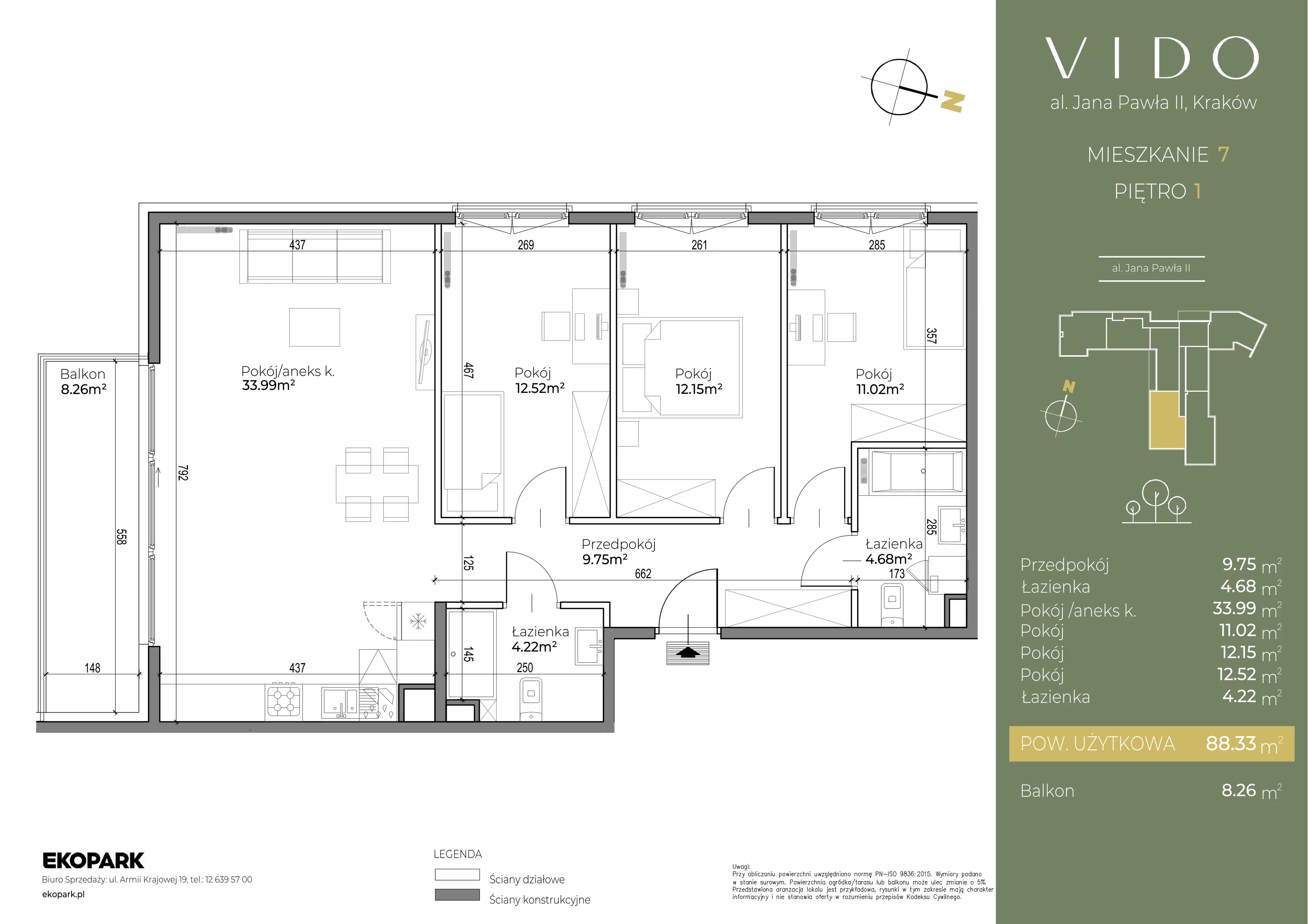 Mieszkanie 88,33 m², piętro 1, oferta nr M7, Vido, Kraków, Prądnik Czerwony, Aleja Jana Pawła II 52