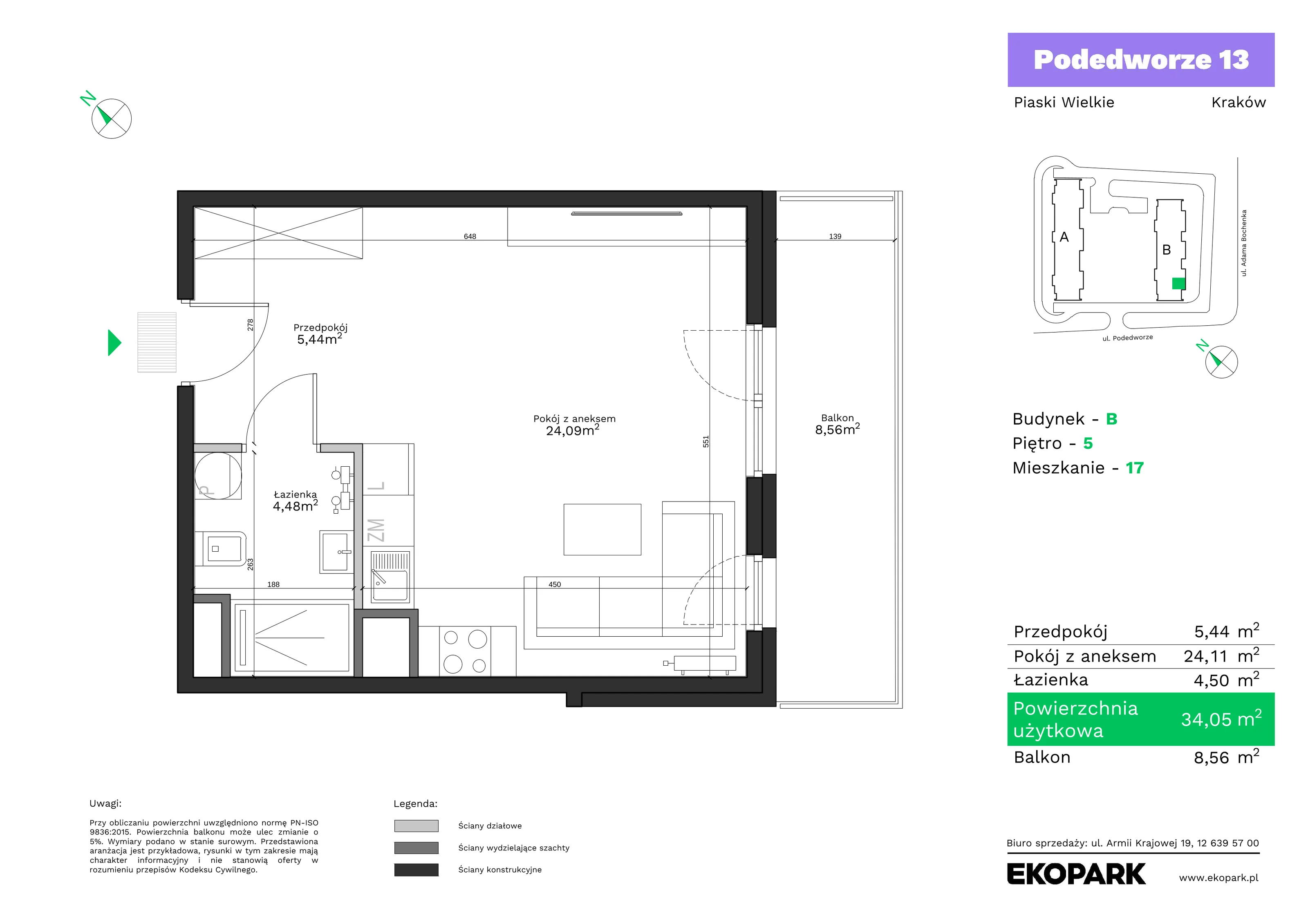 1 pokój, mieszkanie 34,05 m², piętro 5, oferta nr B17, Podedworze 13, Kraków, Podgórze Duchackie, Piaski Wielkie, ul. Podedworze 13