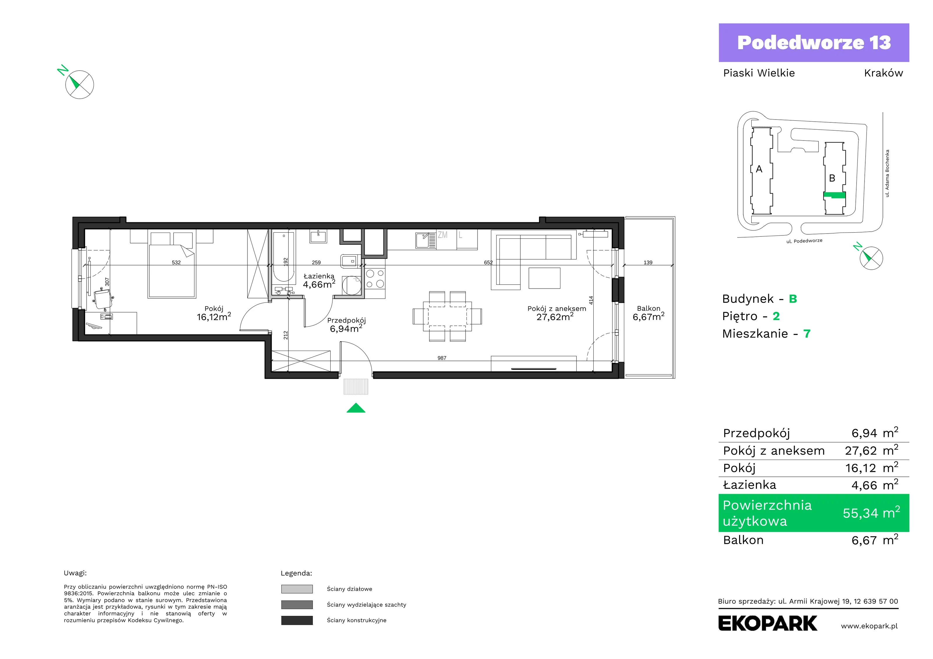 2 pokoje, mieszkanie 55,34 m², piętro 2, oferta nr B7, Podedworze 13, Kraków, Podgórze Duchackie, Piaski Wielkie, ul. Podedworze 13