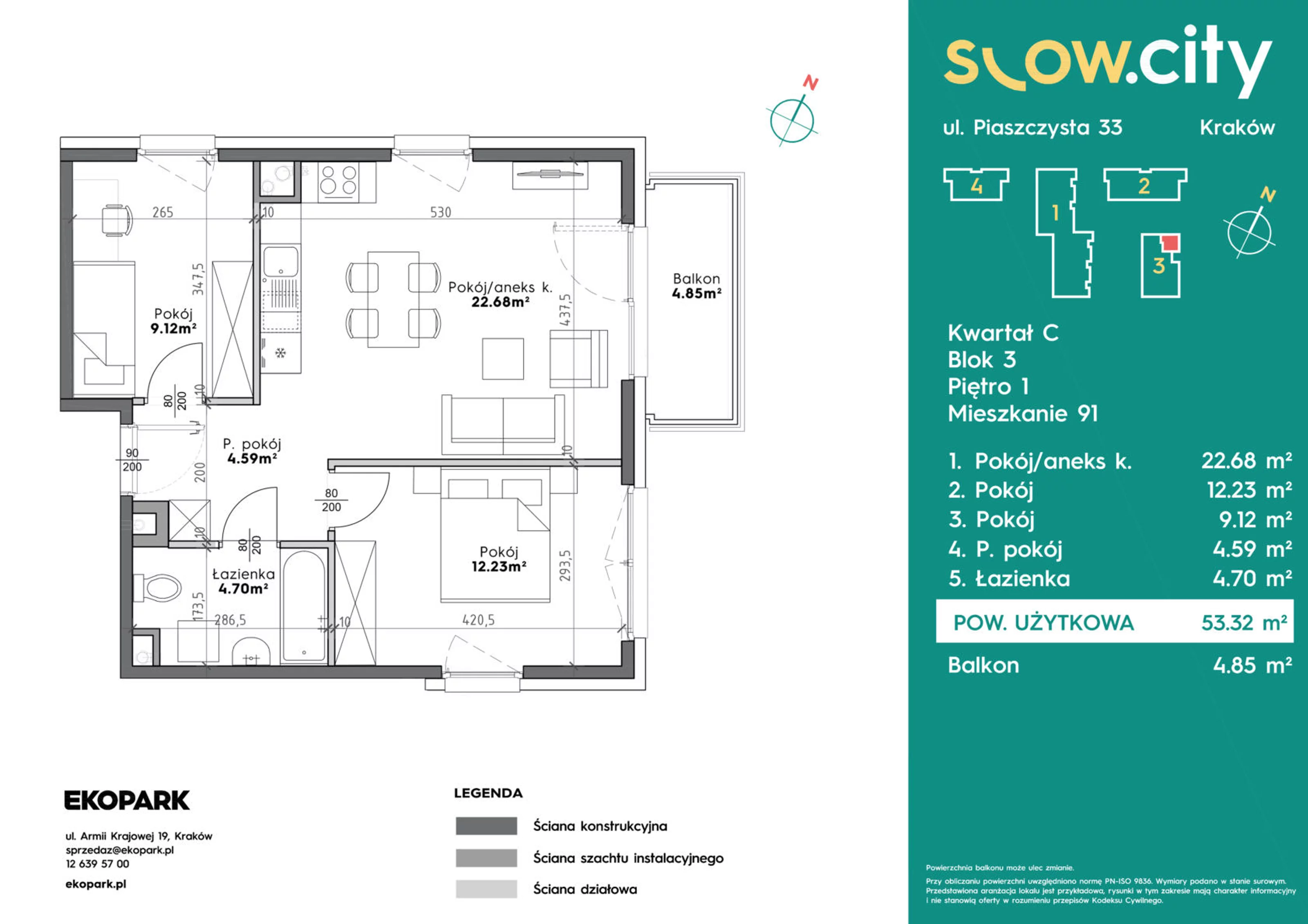 Mieszkanie 53,32 m², piętro 1, oferta nr C3-91, Slow City, Kraków, Prądnik Biały, ul. Piaszczysta