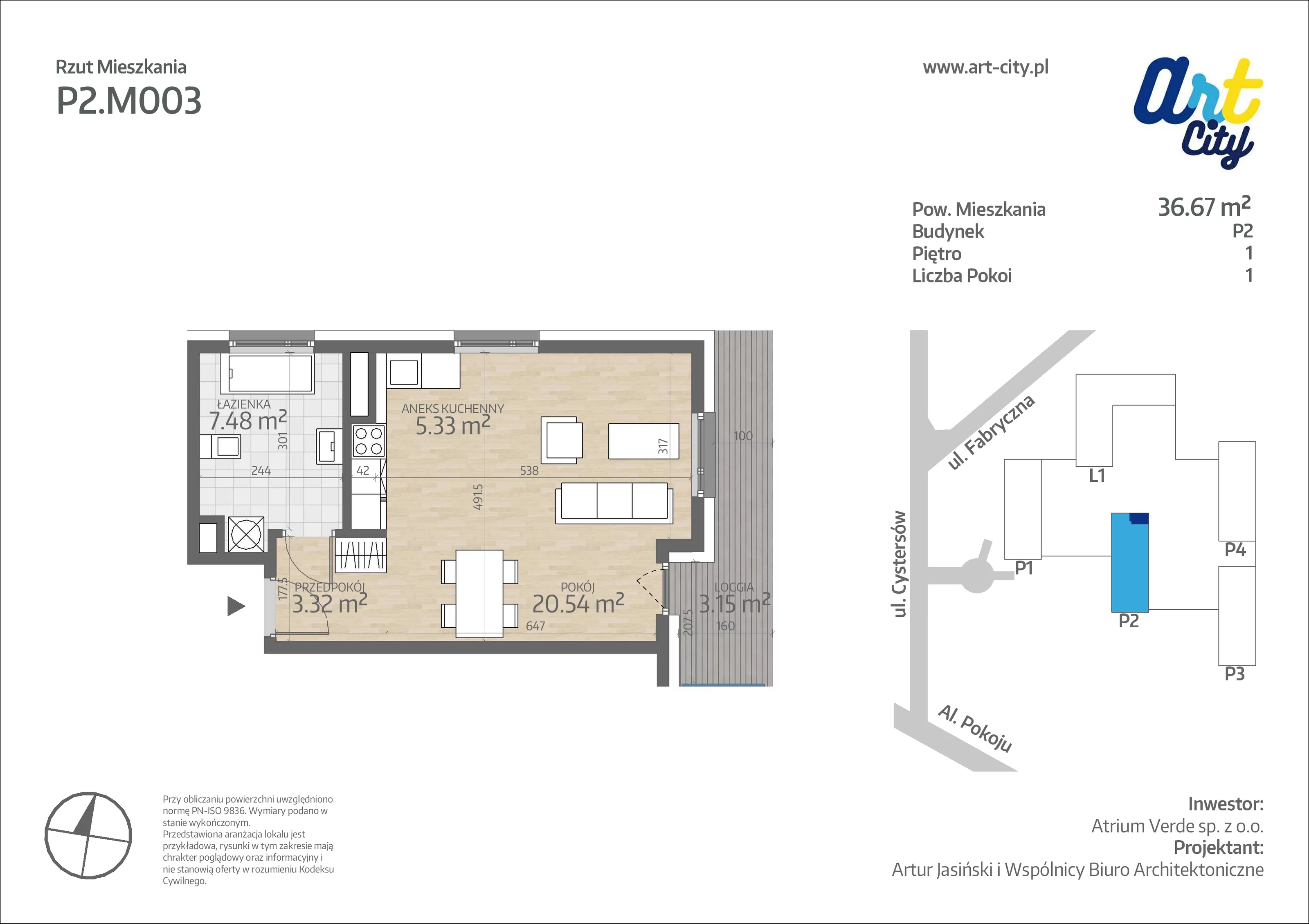 Mieszkanie 36,67 m², piętro 1, oferta nr P2.M003, Art City, Kraków, Grzegórzki, ul. Fabryczna