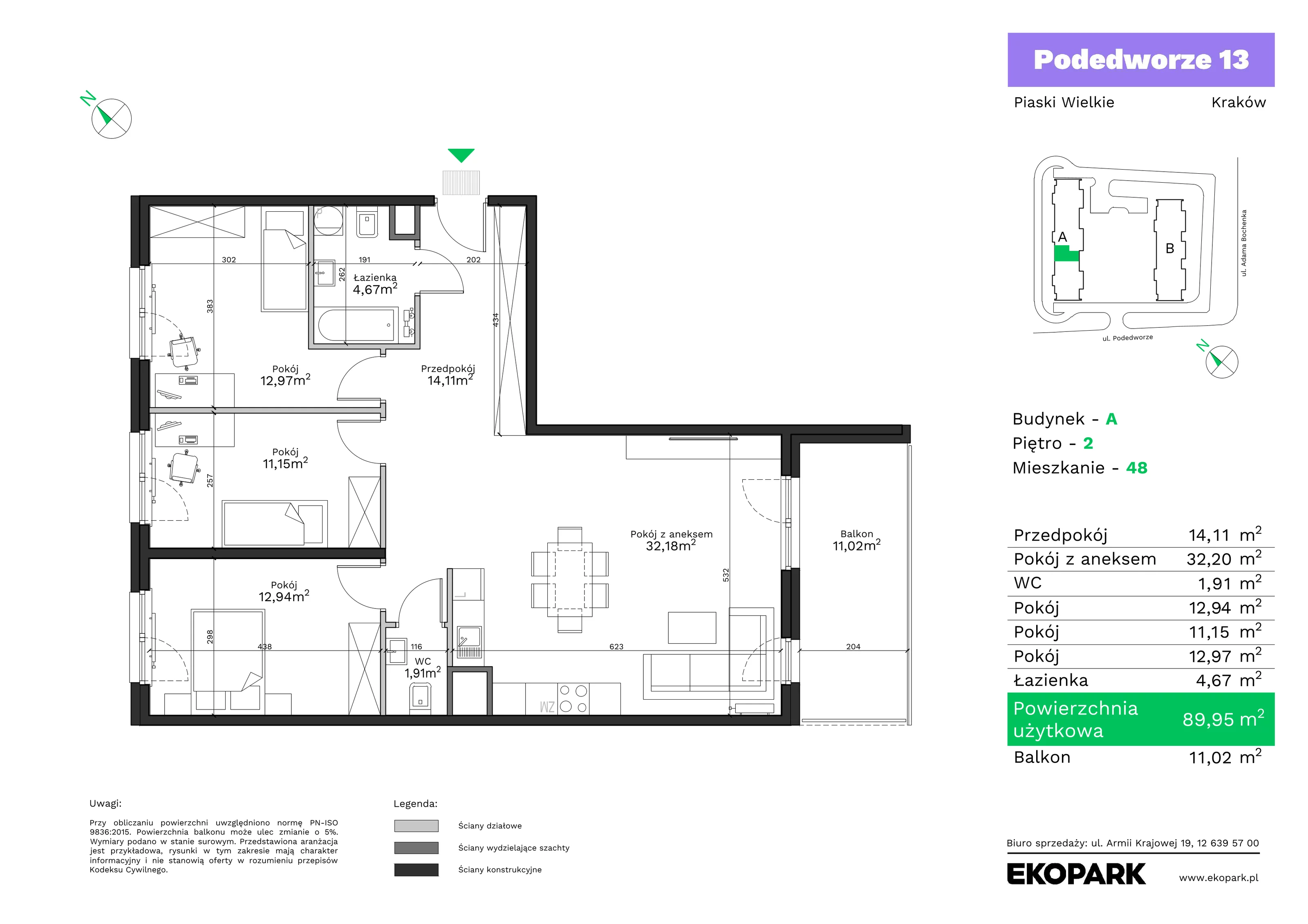 4 pokoje, mieszkanie 89,95 m², piętro 2, oferta nr A48, Podedworze 13, Kraków, Podgórze Duchackie, Piaski Wielkie, ul. Podedworze 13