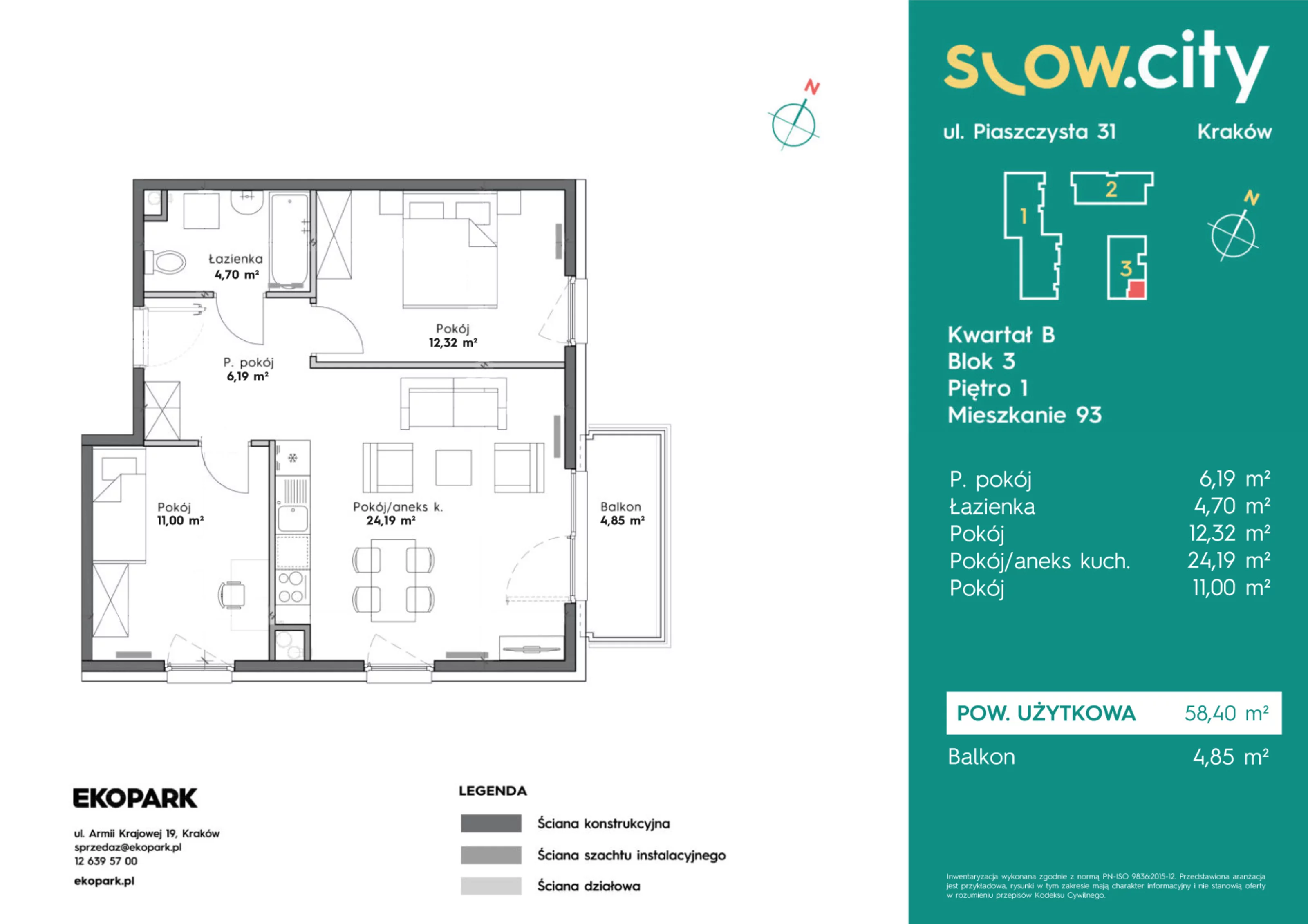 Mieszkanie 58,40 m², piętro 1, oferta nr B3-93, Slow City, Kraków, Prądnik Biały, ul. Piaszczysta