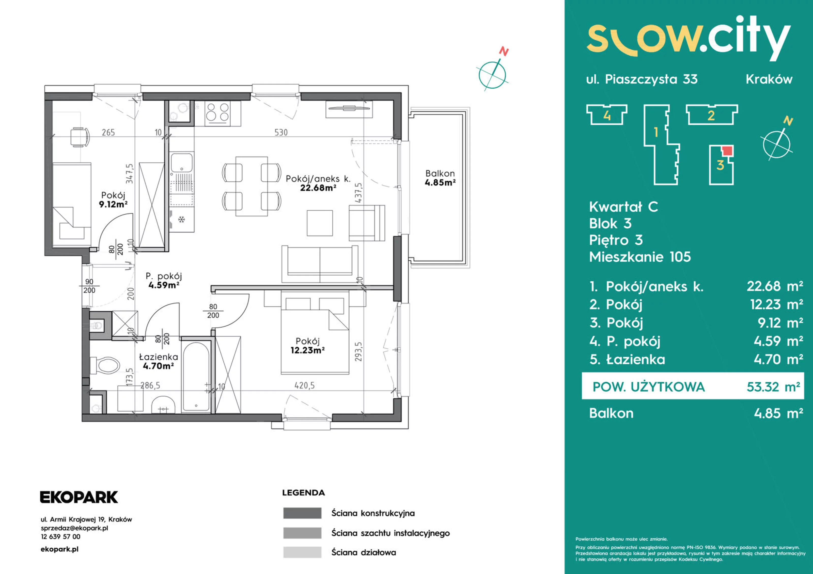 Mieszkanie 53,32 m², piętro 3, oferta nr C3-105, Slow City, Kraków, Prądnik Biały, ul. Piaszczysta