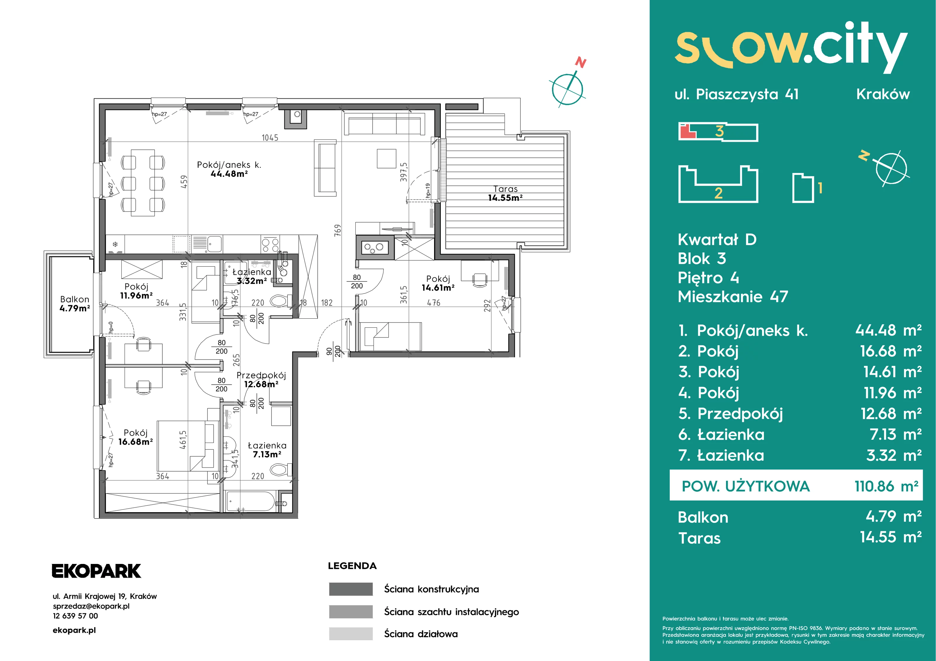 4 pokoje, mieszkanie 110,86 m², piętro 4, oferta nr D3-47, Slow City - Etap D, Kraków, Prądnik Biały, ul. Piaszczysta