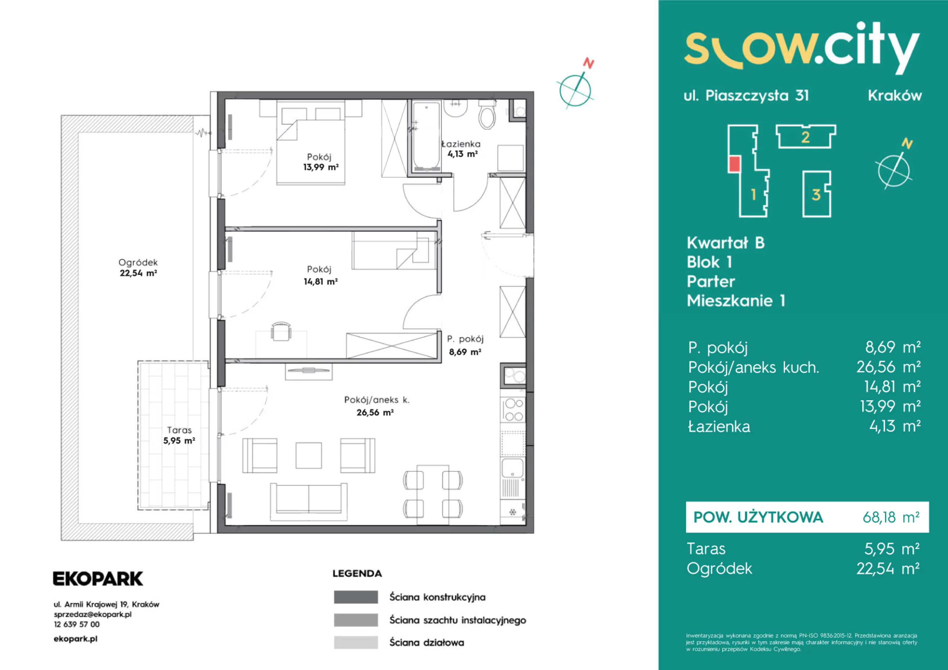 Mieszkanie 68,18 m², parter, oferta nr B1-1, Slow City, Kraków, Prądnik Biały, ul. Piaszczysta