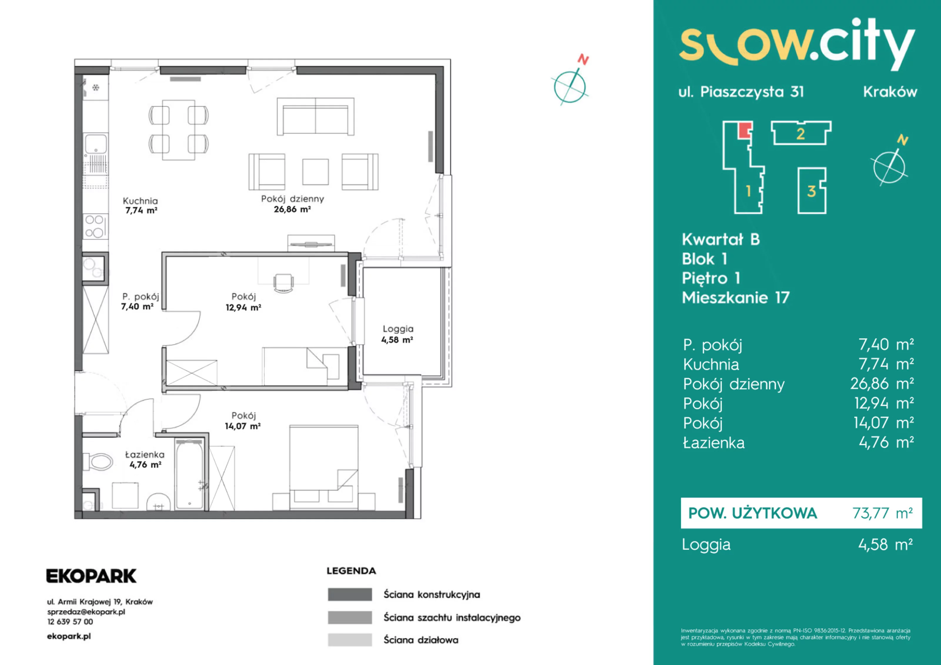 3 pokoje, mieszkanie 73,77 m², piętro 1, oferta nr B1-17, Slow City, Kraków, Prądnik Biały, ul. Piaszczysta