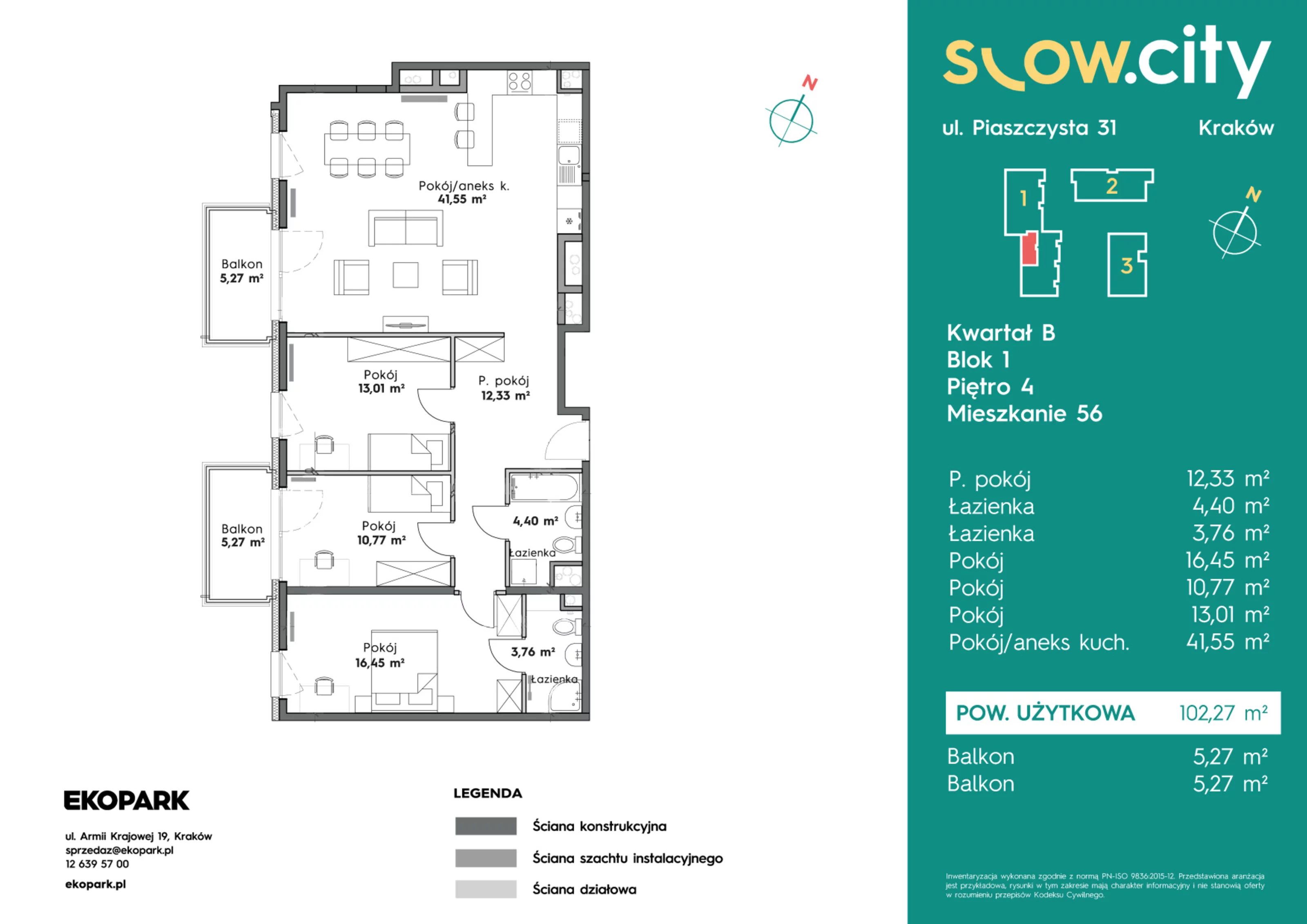 4 pokoje, mieszkanie 102,27 m², piętro 4, oferta nr B1-56, Slow City, Kraków, Prądnik Biały, ul. Piaszczysta