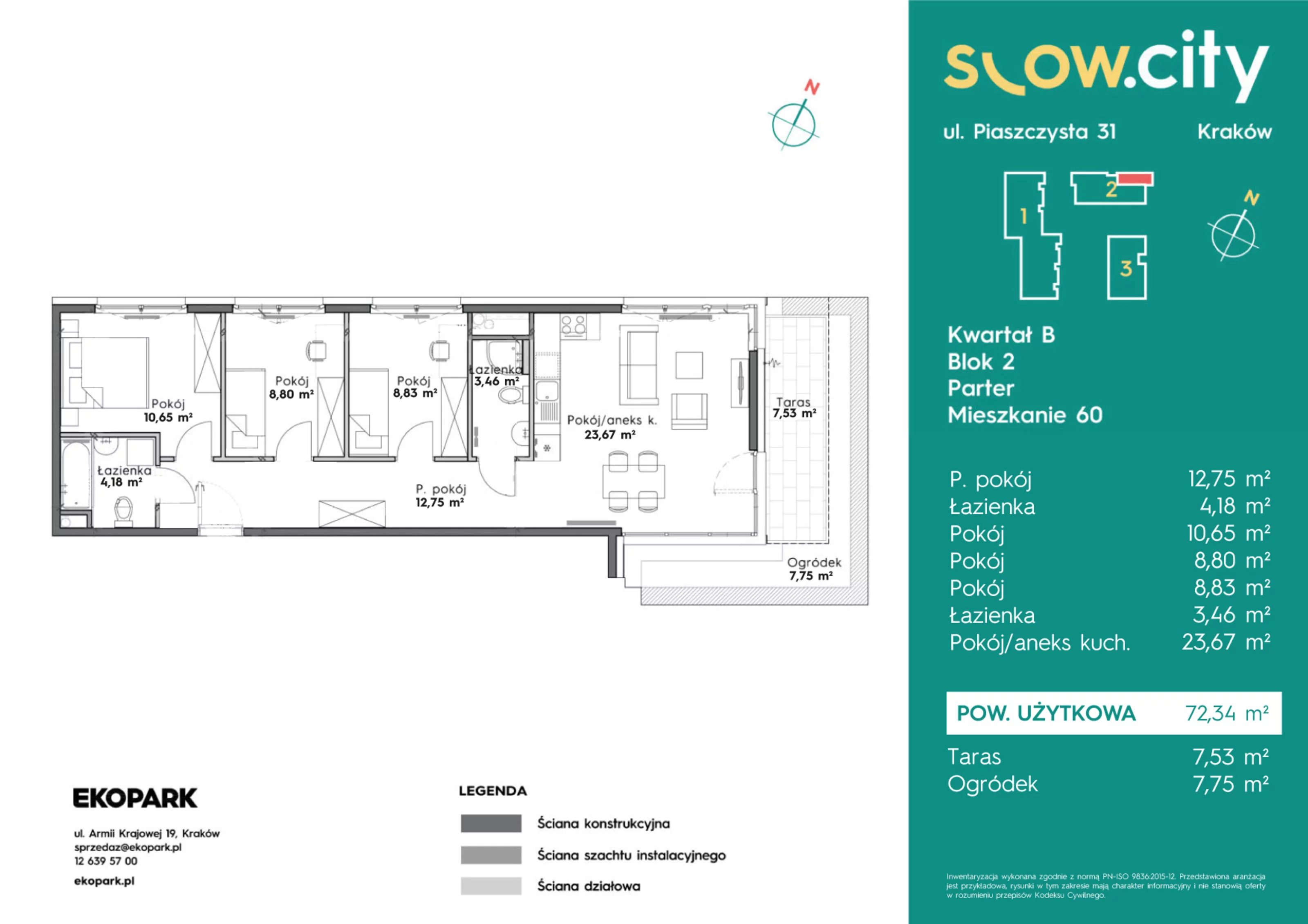 Mieszkanie 72,34 m², parter, oferta nr B2-60, Slow City, Kraków, Prądnik Biały, ul. Piaszczysta