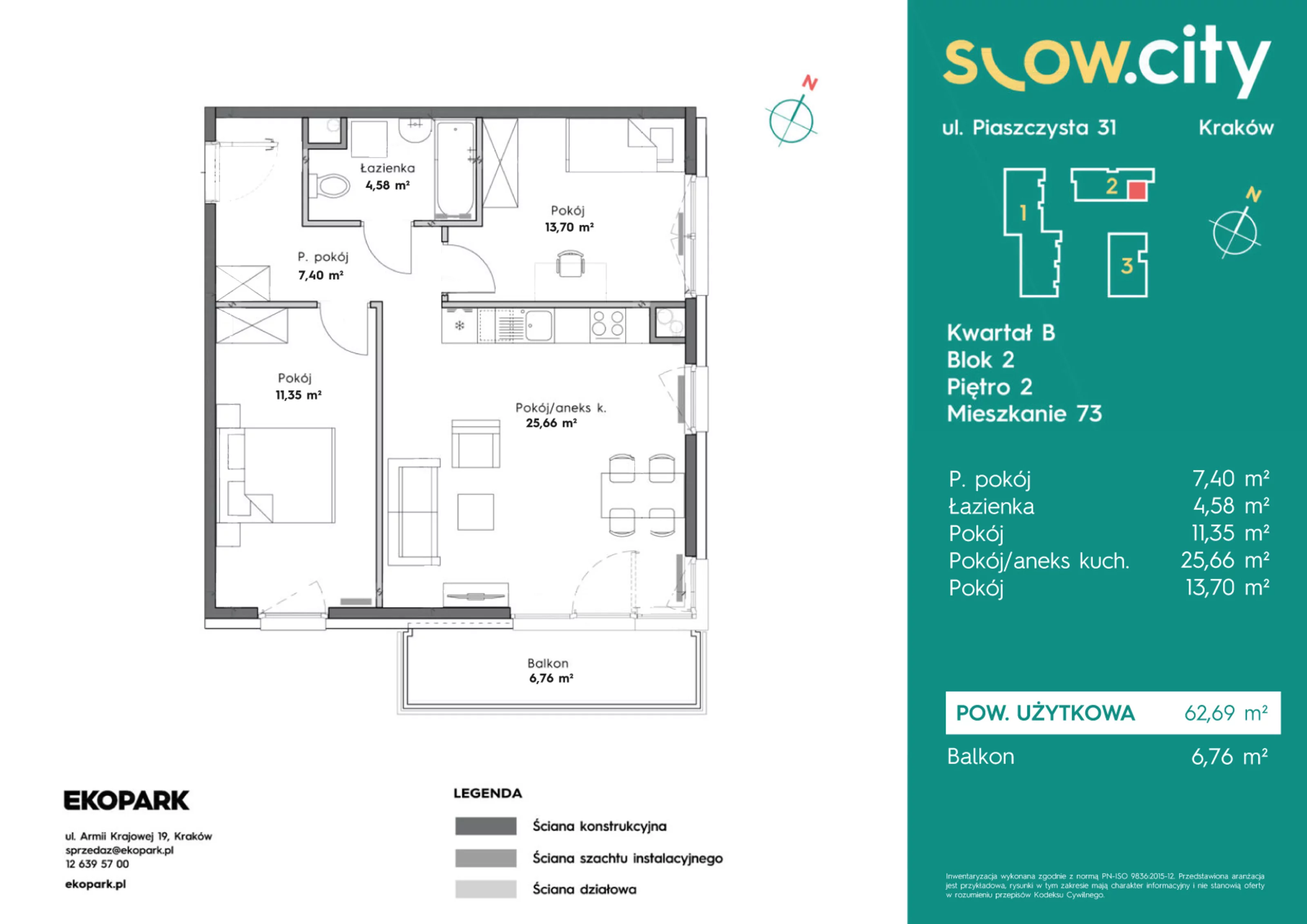 Mieszkanie 62,69 m², piętro 2, oferta nr B2-73, Slow City, Kraków, Prądnik Biały, ul. Piaszczysta