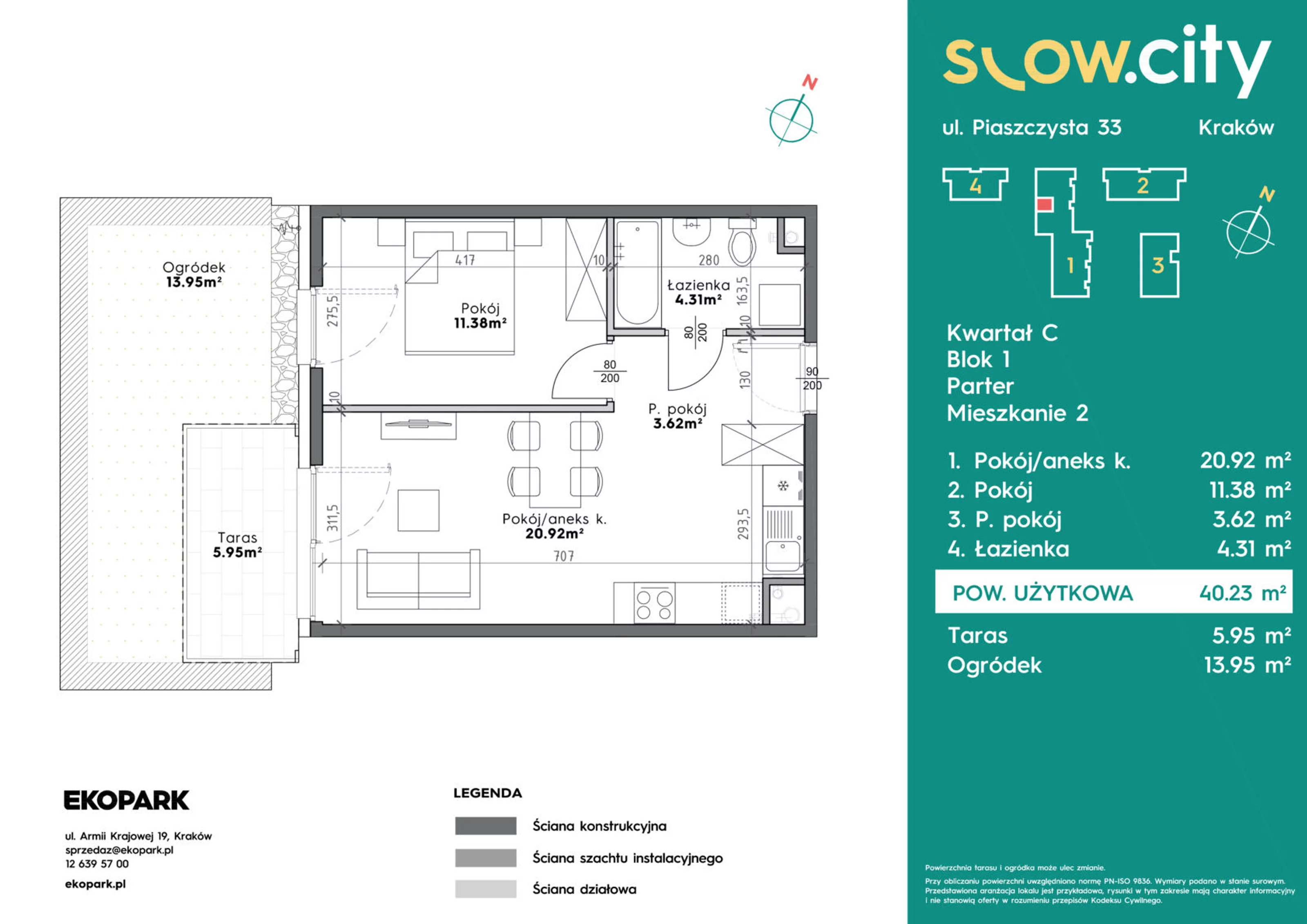 Mieszkanie 40,23 m², parter, oferta nr C1-2, Slow City, Kraków, Prądnik Biały, ul. Piaszczysta