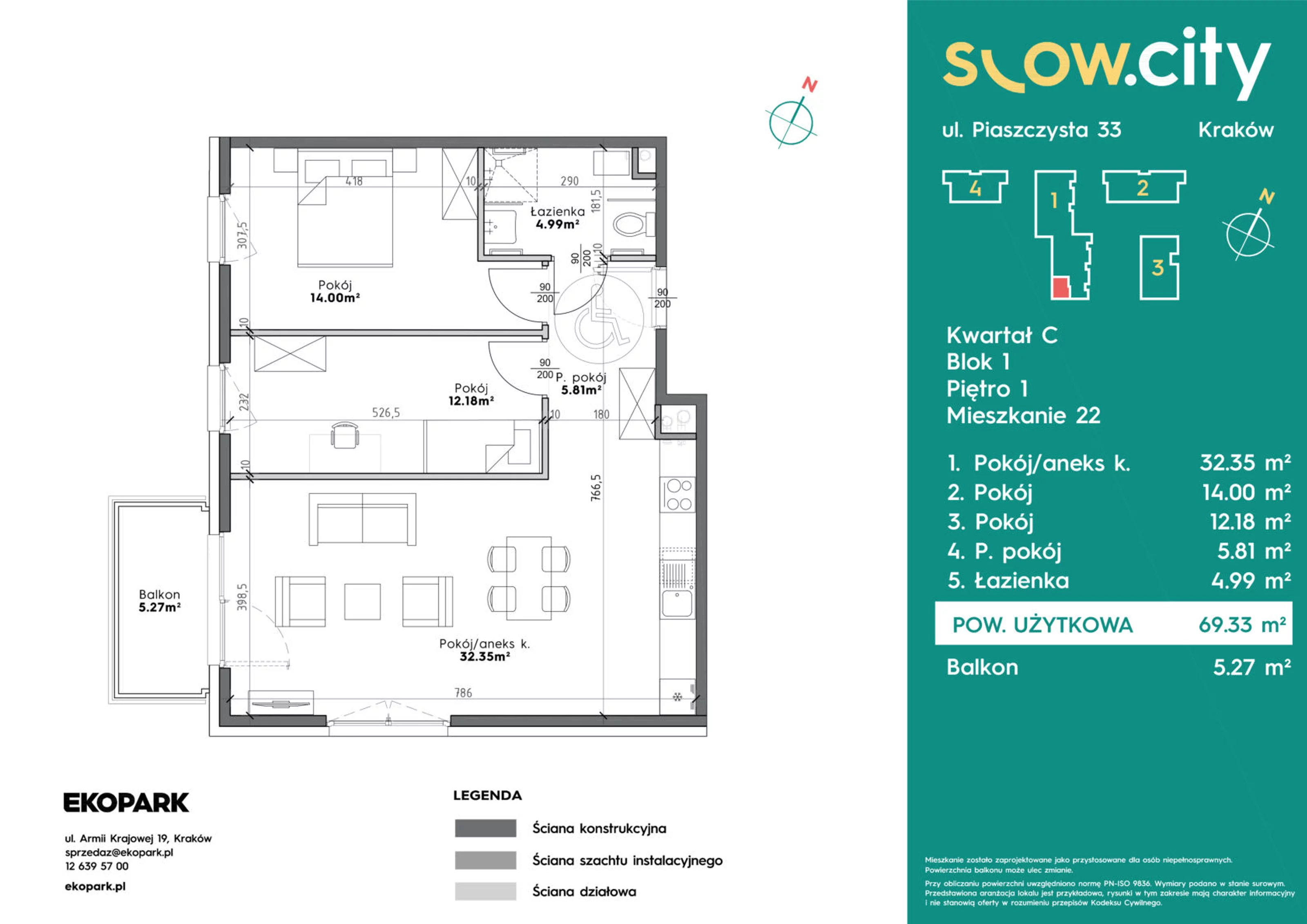 Mieszkanie 69,33 m², piętro 1, oferta nr C1-22, Slow City, Kraków, Prądnik Biały, ul. Piaszczysta