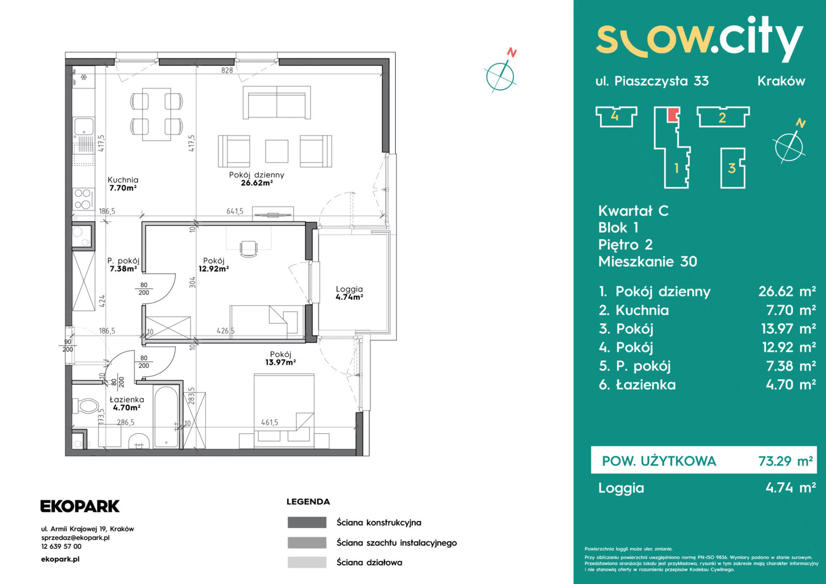 3 pokoje, mieszkanie 73,29 m², piętro 2, oferta nr C1-30, Slow City, Kraków, Prądnik Biały, ul. Piaszczysta