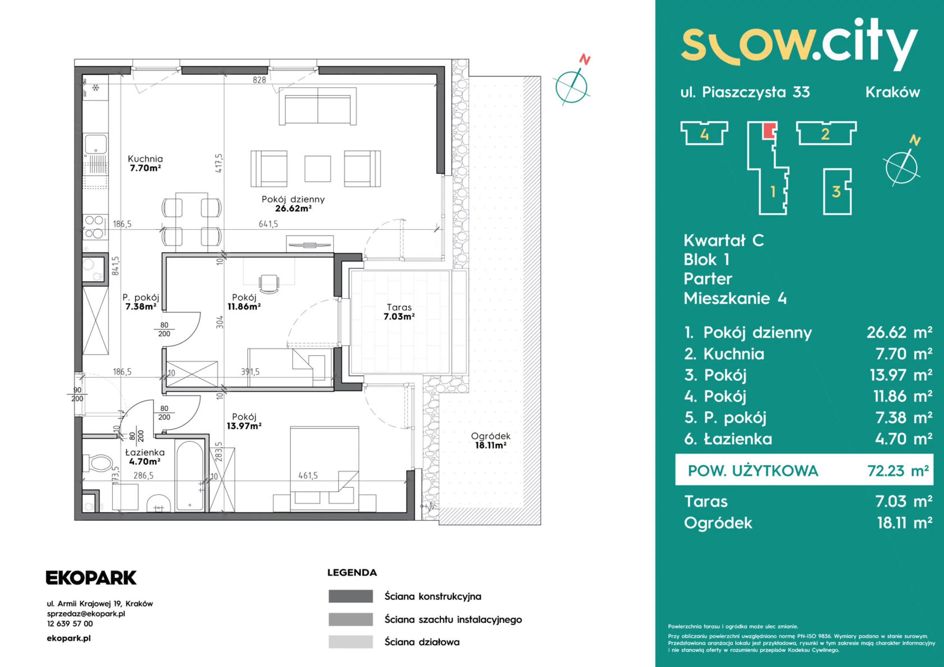 3 pokoje, mieszkanie 72,23 m², parter, oferta nr C1-4, Slow City, Kraków, Prądnik Biały, ul. Piaszczysta