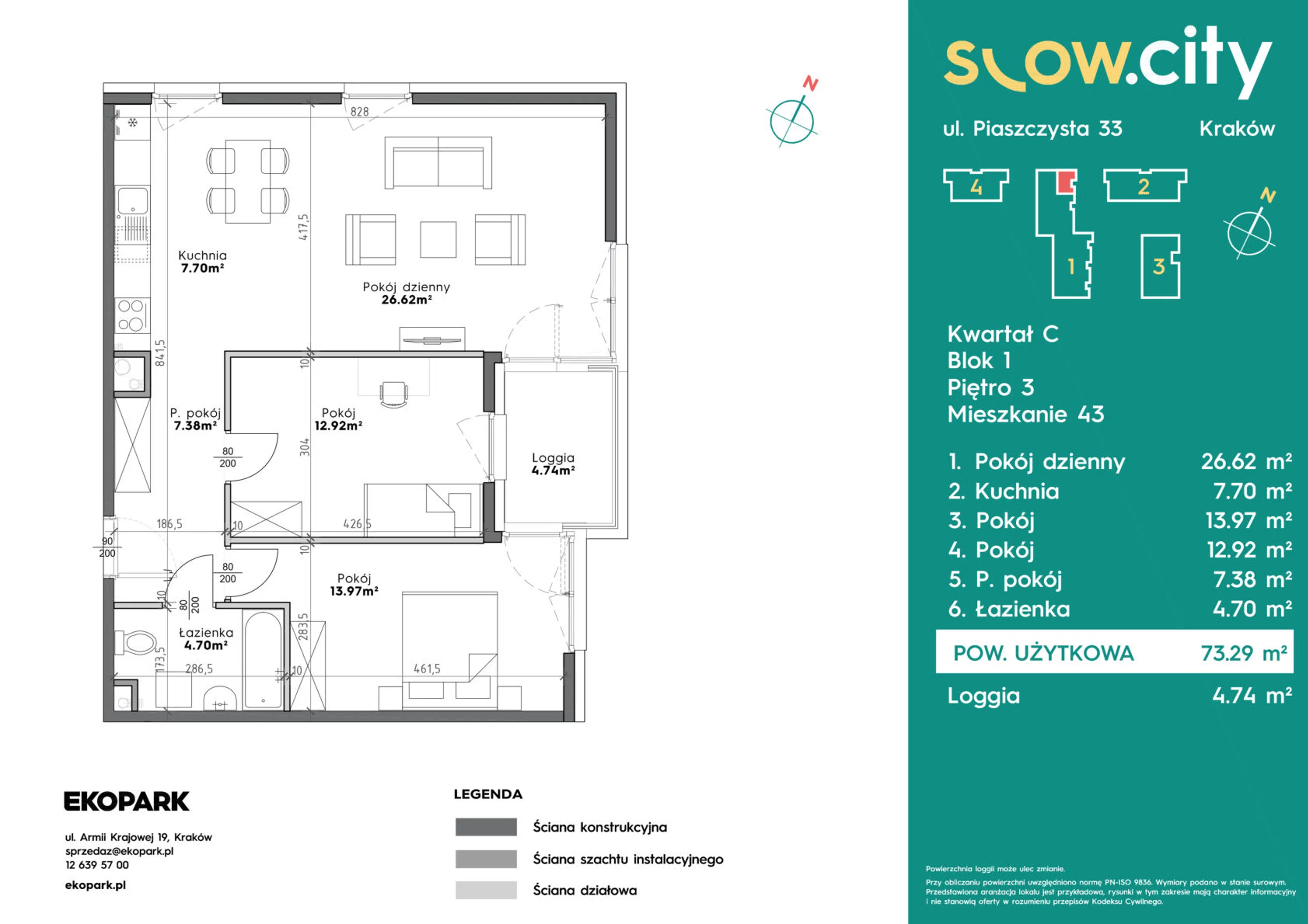 Mieszkanie 73,29 m², piętro 3, oferta nr C1-43, Slow City, Kraków, Prądnik Biały, ul. Piaszczysta