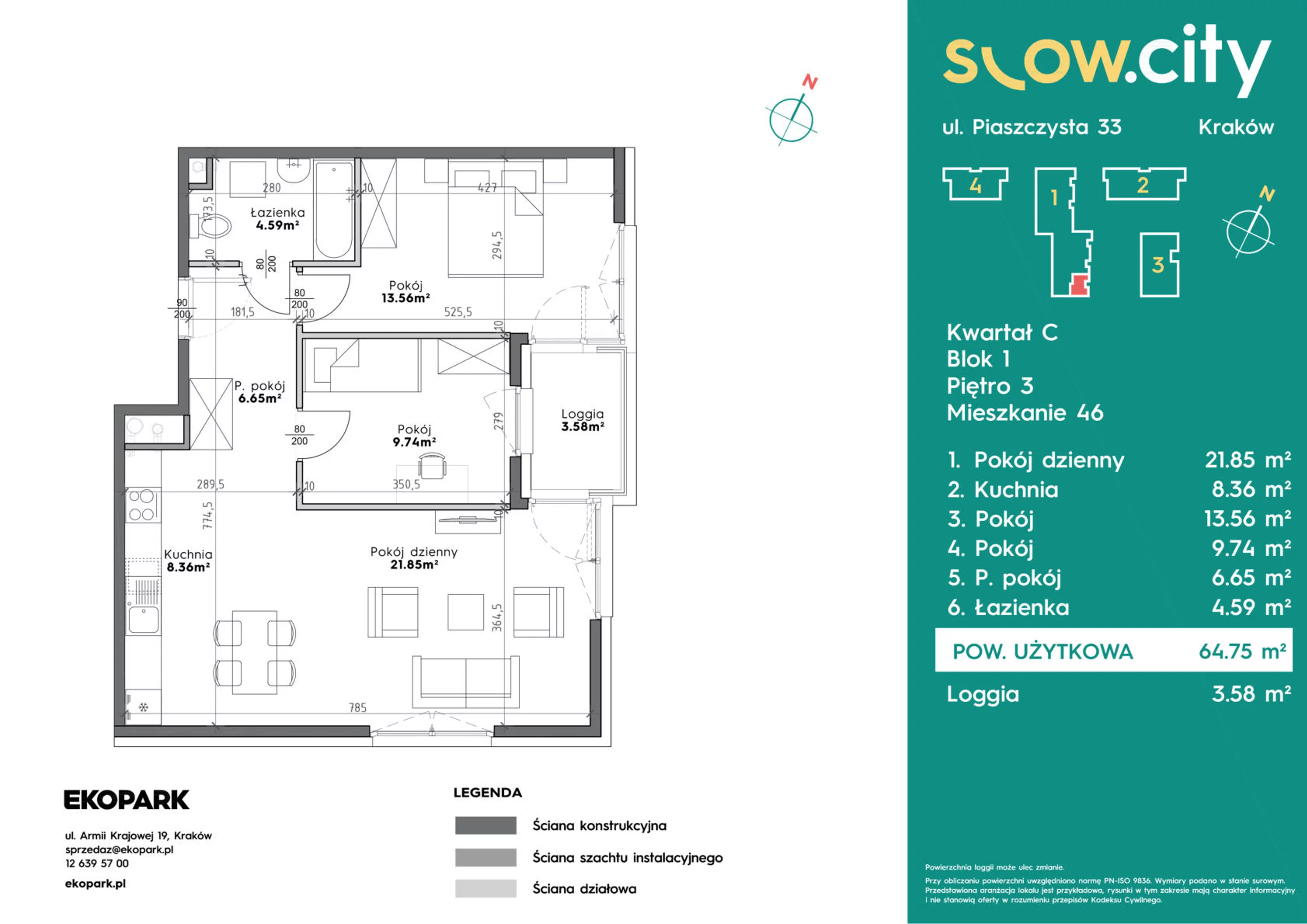 Mieszkanie 64,75 m², piętro 3, oferta nr C1-46, Slow City, Kraków, Prądnik Biały, ul. Piaszczysta